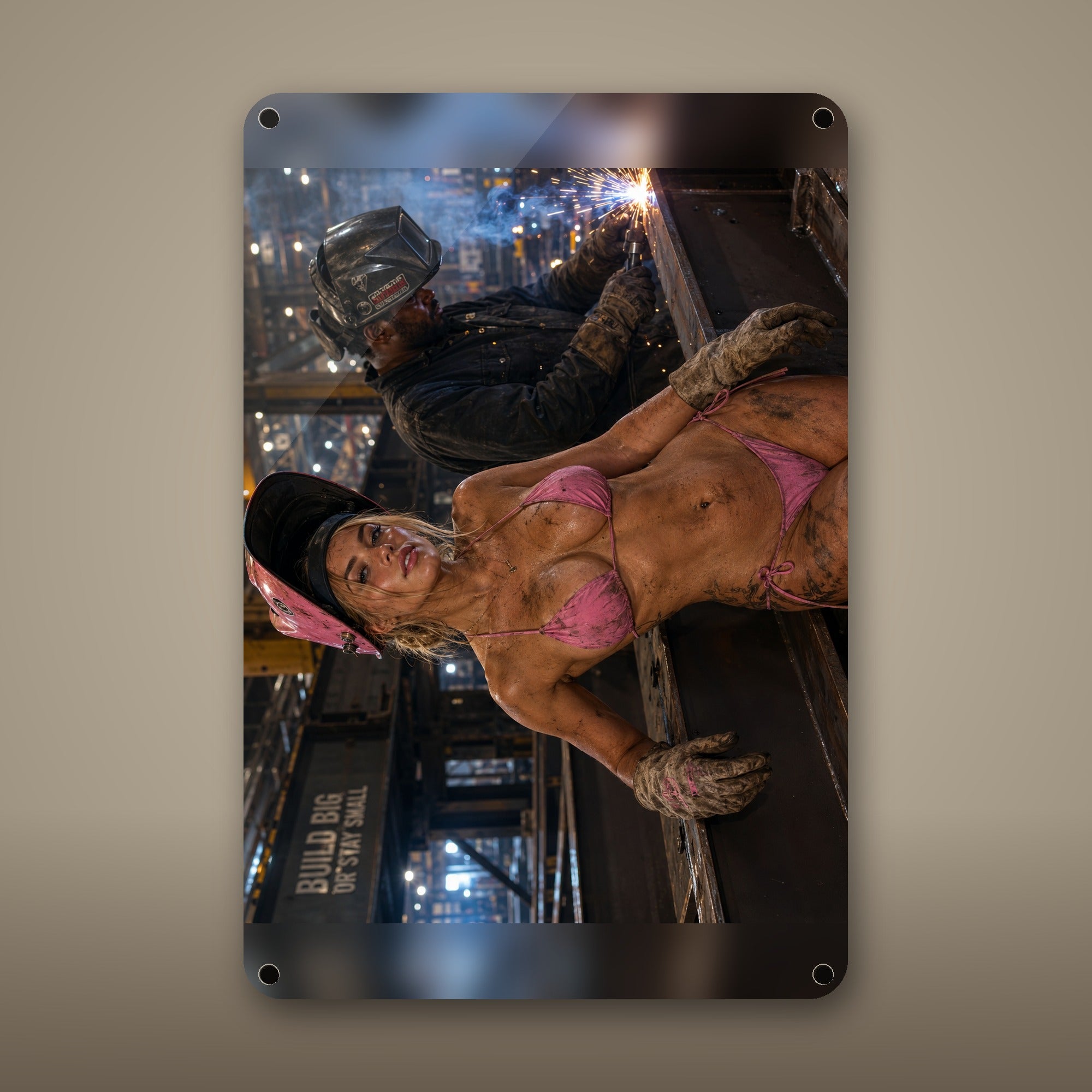 Welder taking a break at the steel-frame shipyard Metal Wall Art, Aluminum Sign, Retro Pinup Wall Decor, Vintage Pin-Up Gift — aluminum sign mockup