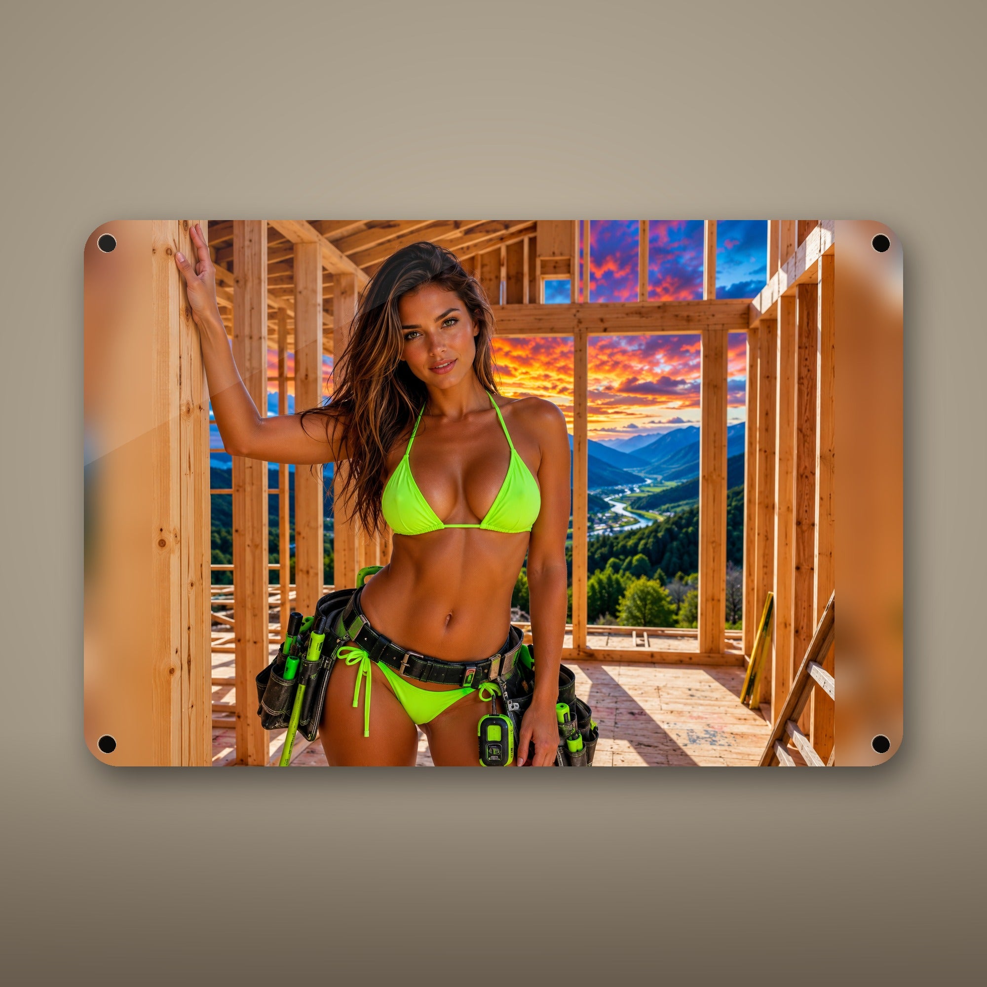 Worker framing a house at a mountain sunset Metal Wall Art, Aluminum Sign, Retro Pinup Wall Decor, Vintage Pin-Up Gift — aluminum sign mockup