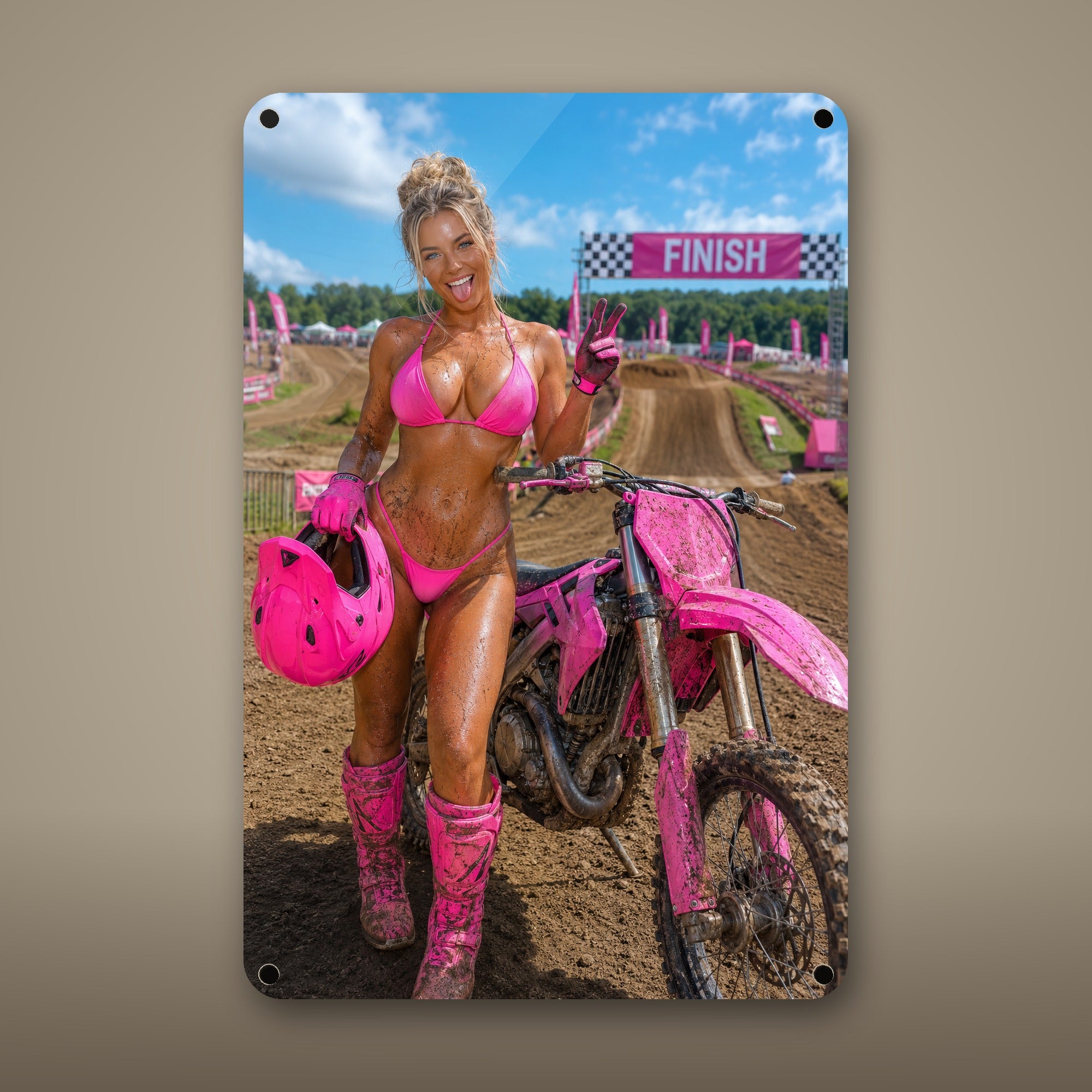 Rider giving a peace sign at the finish line Metal Wall Art, Aluminum Sign, Retro Pinup Wall Decor, Vintage Pin-Up Gift — aluminum sign mockup