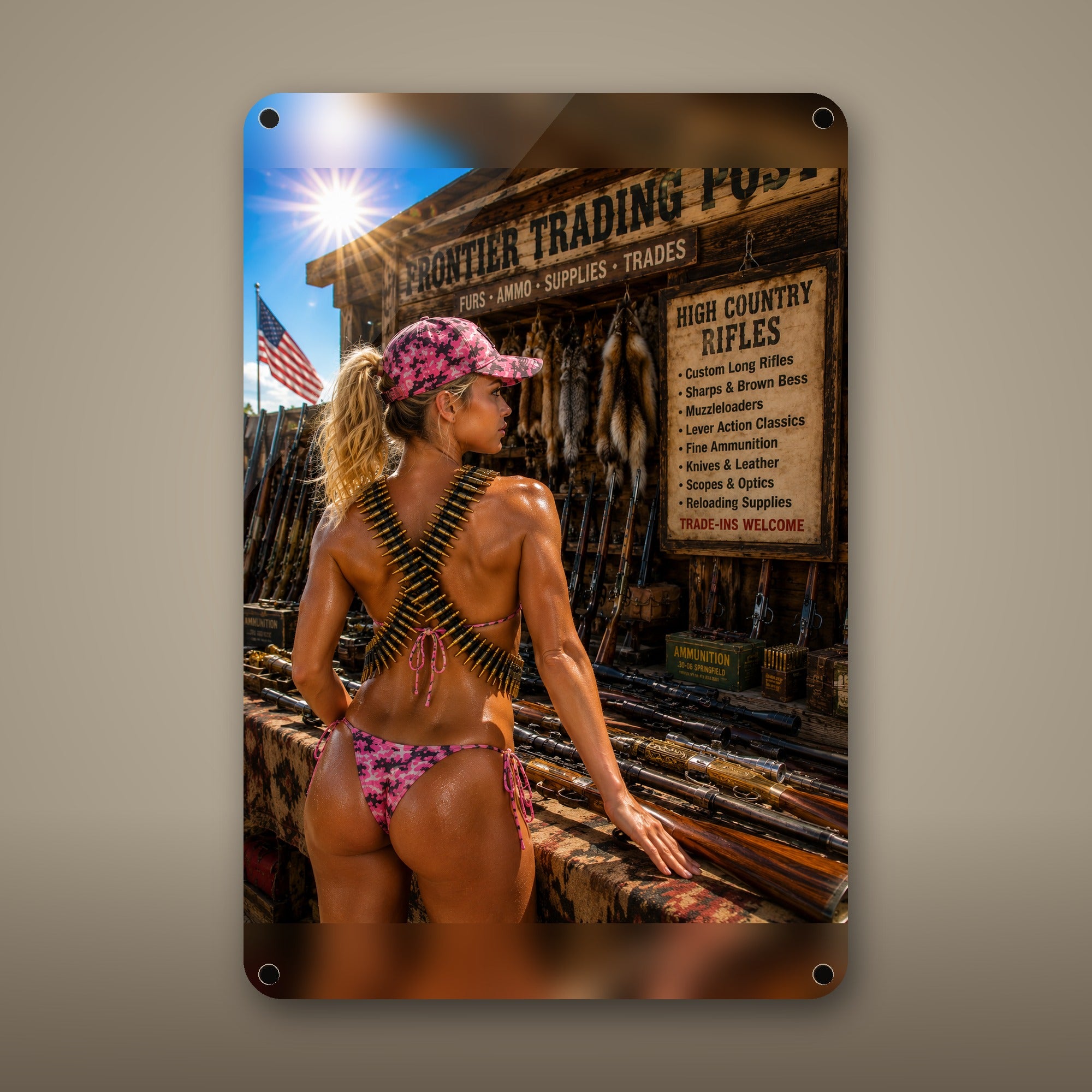 Trading-post shopper with a bandolier of rounds Metal Wall Art, Aluminum Sign, Retro Pinup Wall Decor, Vintage Pin-Up Gift — aluminum sign mockup