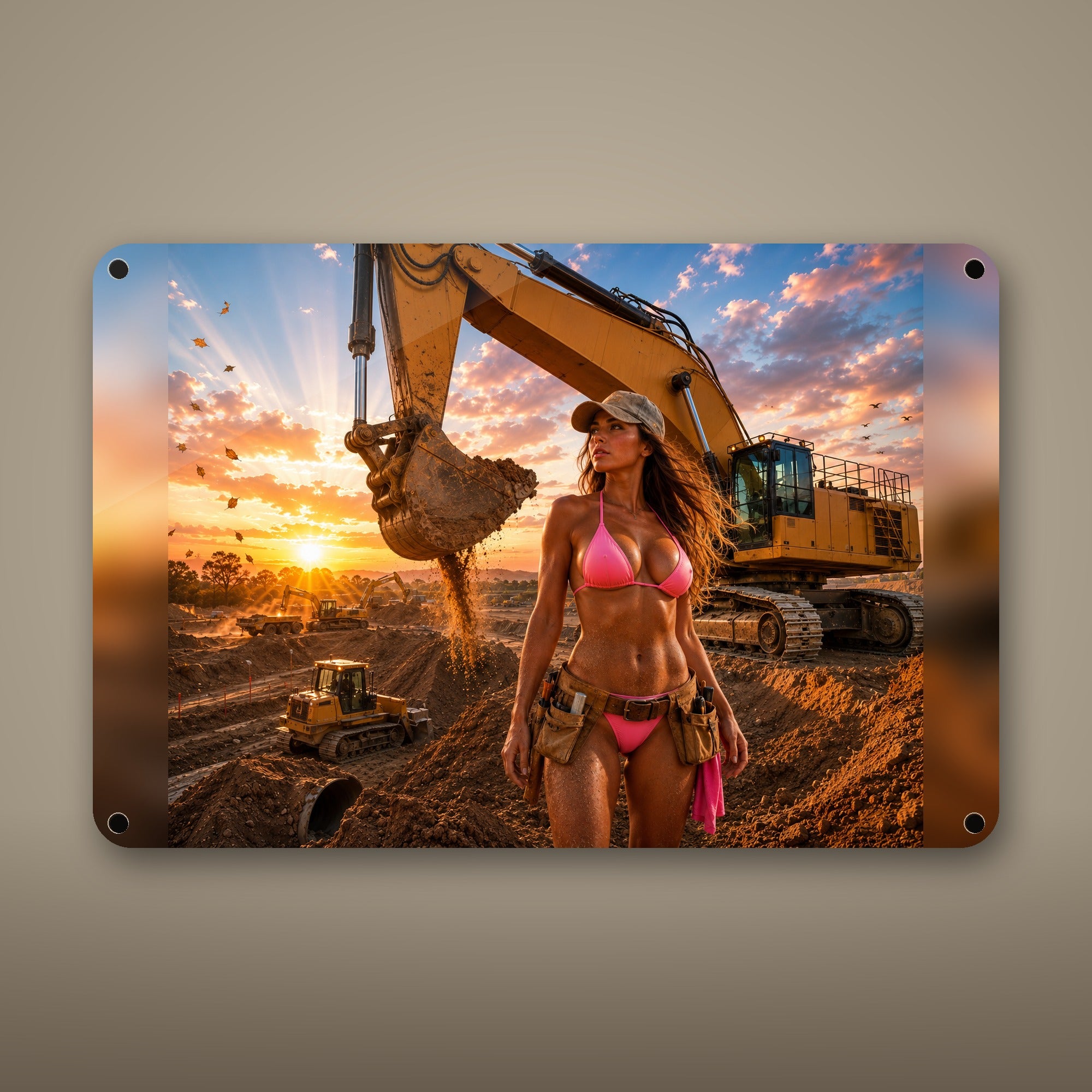 Worker before the excavator on an autumn dig site Metal Wall Art, Aluminum Sign, Retro Pinup Wall Decor, Vintage Pin-Up Gift — aluminum sign mockup