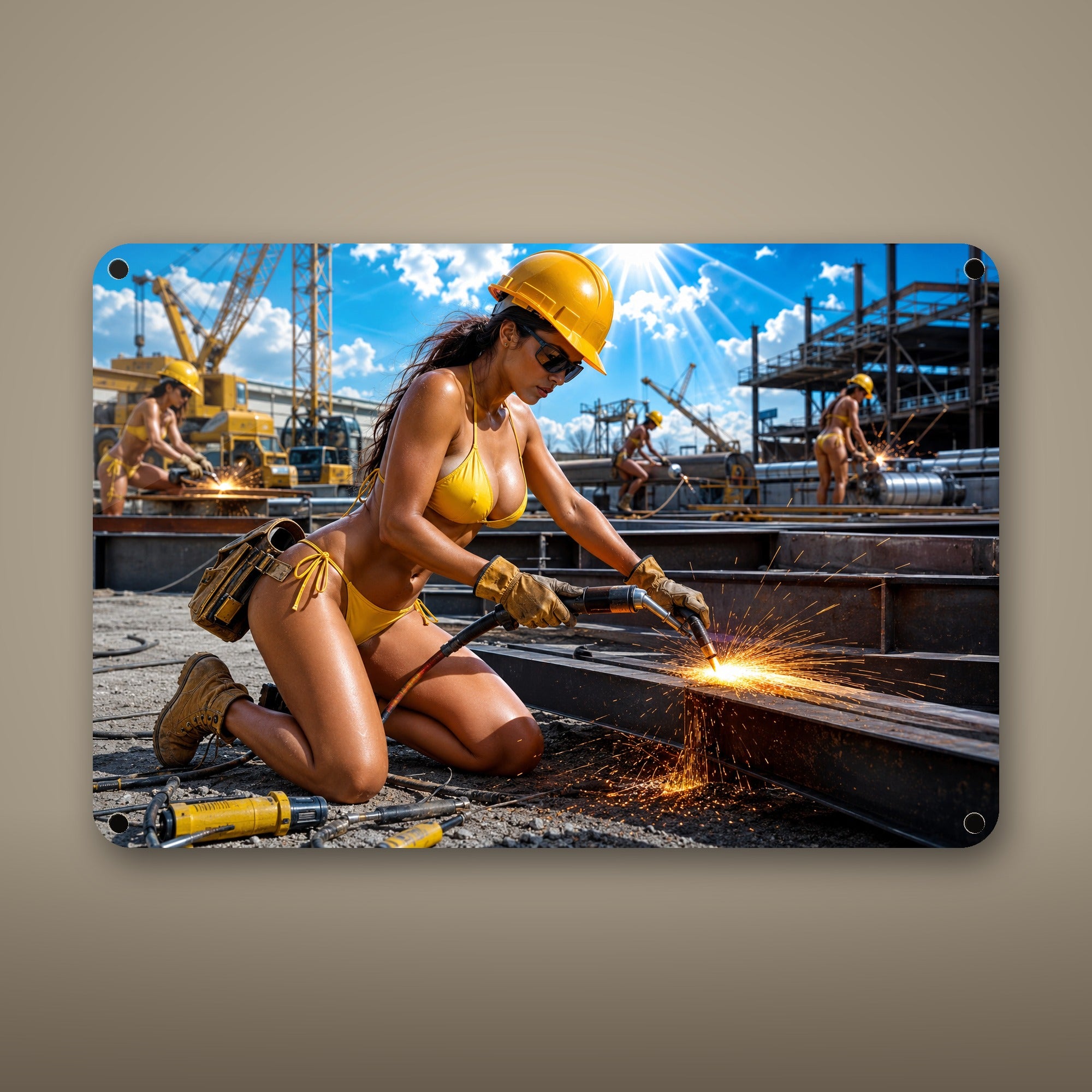 Pipefitter torch-cutting steel at the industrial site Metal Wall Art, Aluminum Sign, Retro Pinup Wall Decor, Vintage Pin-Up Gift — aluminum sign mockup