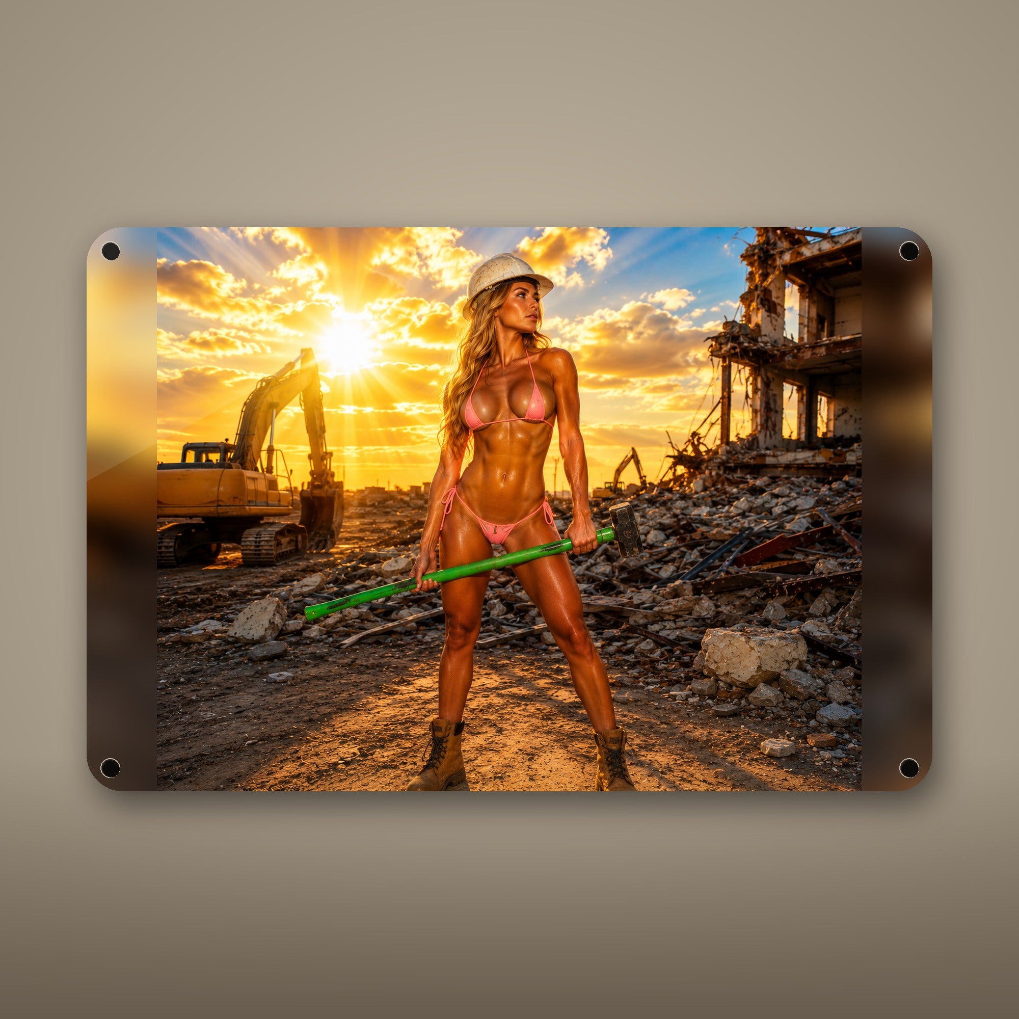 Demolition worker at the rubble site sunset Metal Wall Art, Aluminum Sign, Retro Pinup Wall Decor, Vintage Pin-Up Gift — aluminum sign mockup