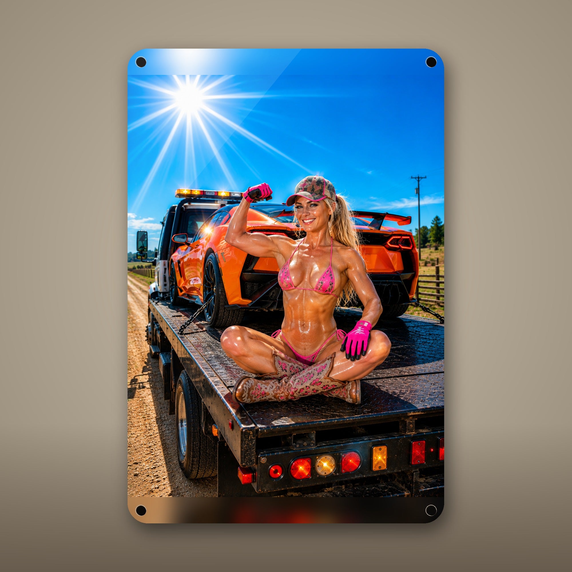 Flatbed rider hauling a classic sports car Metal Wall Art, Aluminum Sign, Retro Pinup Wall Decor, Vintage Pin-Up Gift — aluminum sign mockup