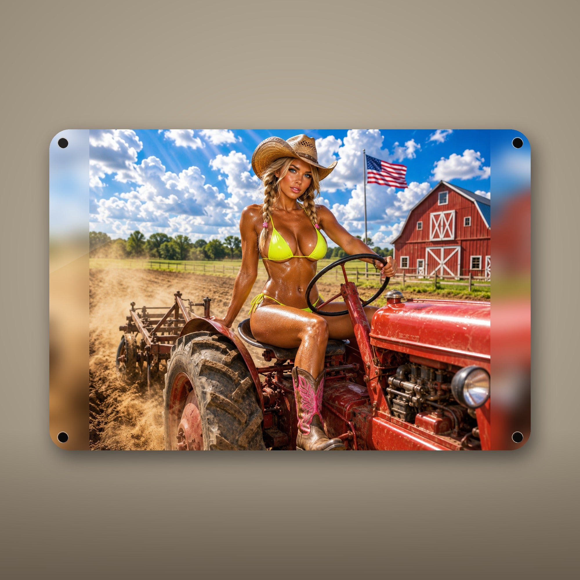 Cowgirl driving the tractor past the red barn Metal Wall Art, Aluminum Sign, Retro Pinup Wall Decor, Vintage Pin-Up Gift — aluminum sign mockup