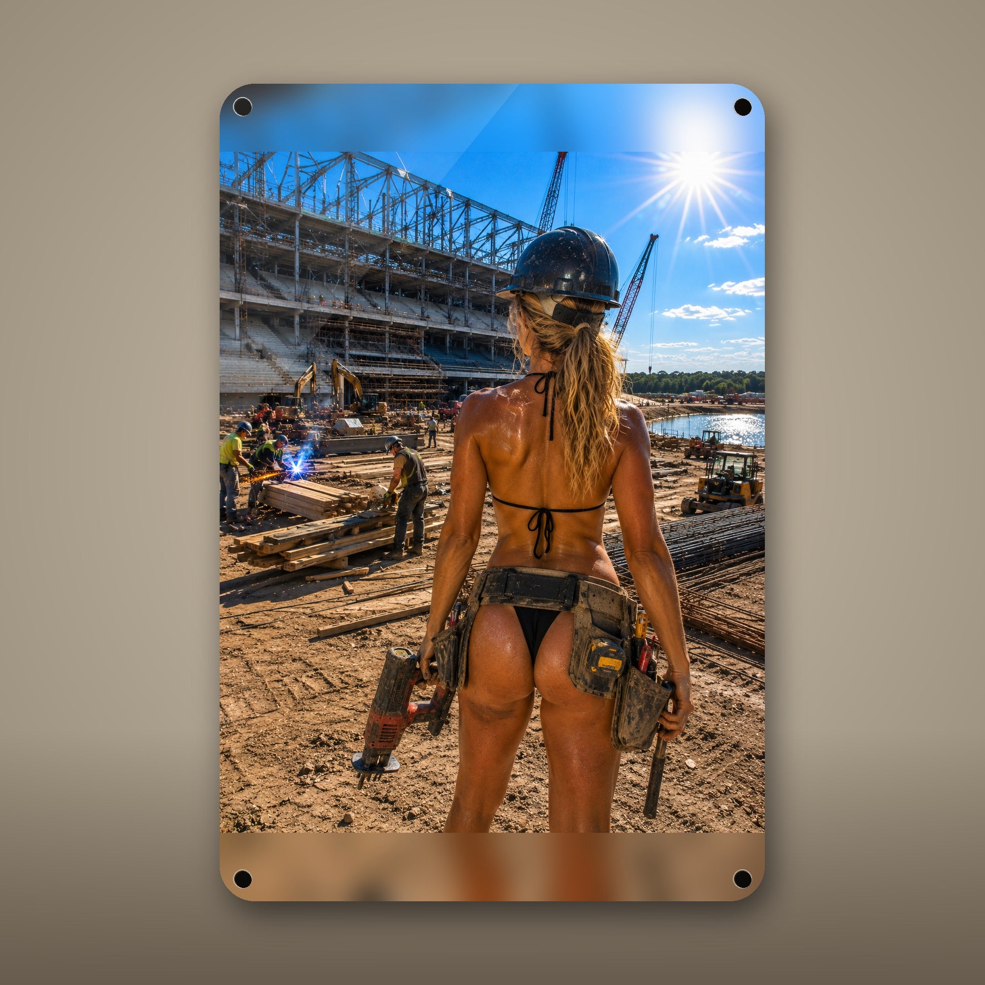 Jackhammer operator at the stadium build site Metal Wall Art, Aluminum Sign, Retro Pinup Wall Decor, Vintage Pin-Up Gift — aluminum sign mockup