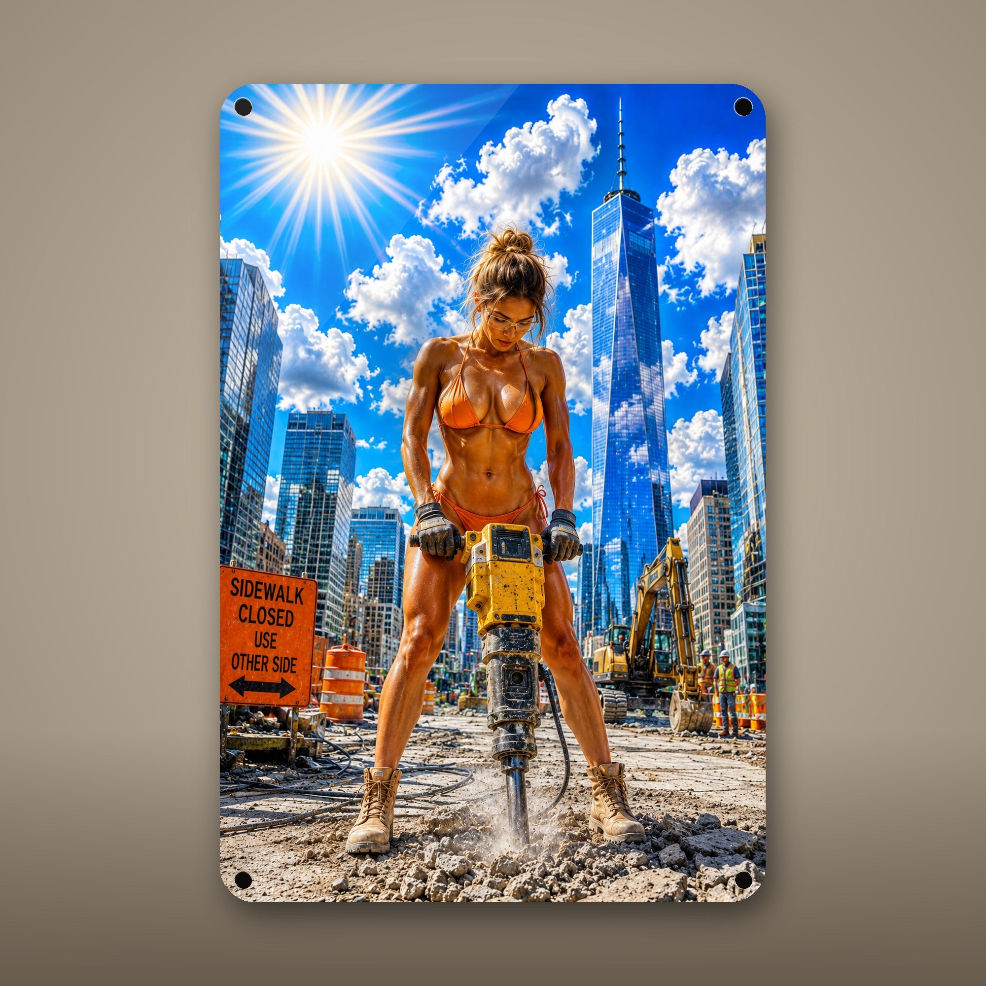 Jackhammer operator on a busy city street Metal Wall Art, Aluminum Sign, Retro Pinup Wall Decor, Vintage Pin-Up Gift — aluminum sign mockup