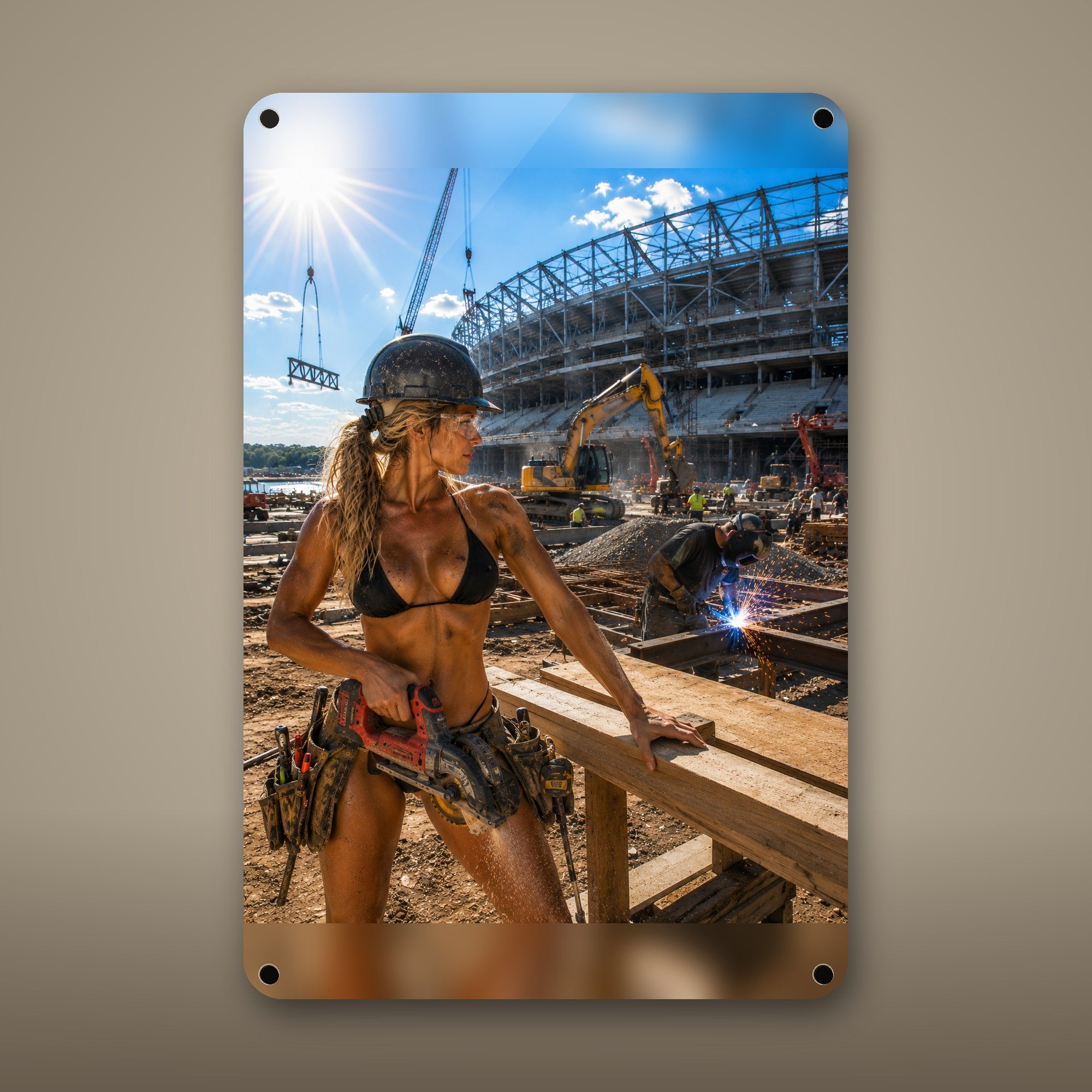 Tool-belt worker at the stadium build site Metal Wall Art, Aluminum Sign, Retro Pinup Wall Decor, Vintage Pin-Up Gift — aluminum sign mockup