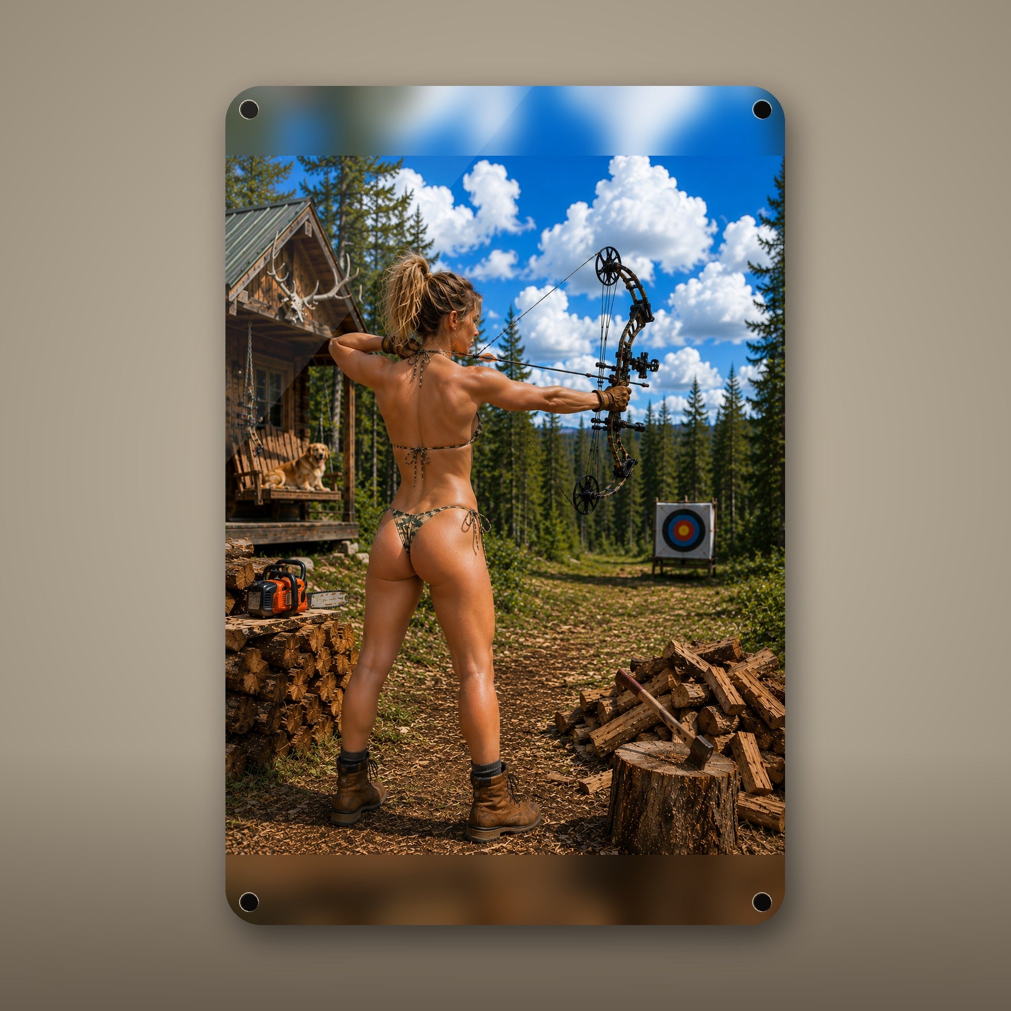 Archer at full draw by the cabin range Metal Wall Art, Aluminum Sign, Retro Pinup Wall Decor, Vintage Pin-Up Gift — aluminum sign mockup