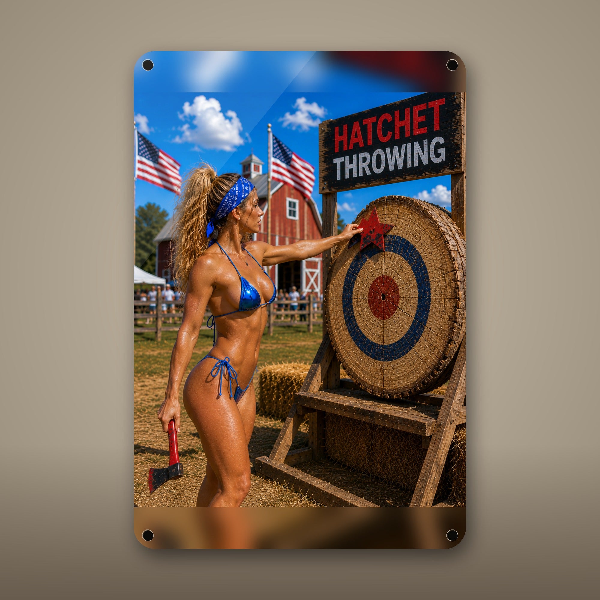 Hatchet thrower before the target board Metal Wall Art, Aluminum Sign, Retro Pinup Wall Decor, Vintage Pin-Up Gift — aluminum sign mockup