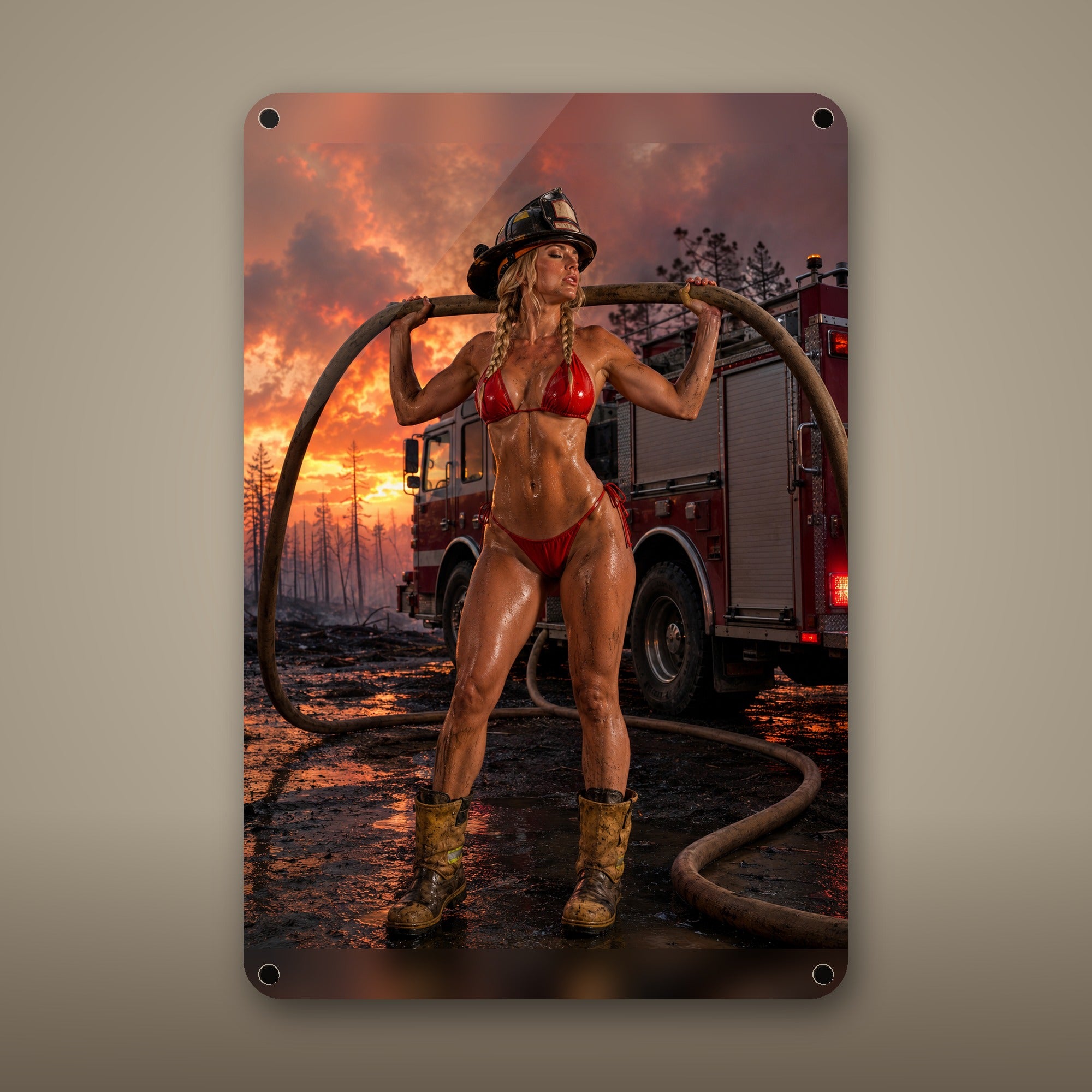 Firefighter with the hose at a wildfire scene Metal Wall Art, Aluminum Sign, Retro Pinup Wall Decor, Vintage Pin-Up Gift — aluminum sign mockup
