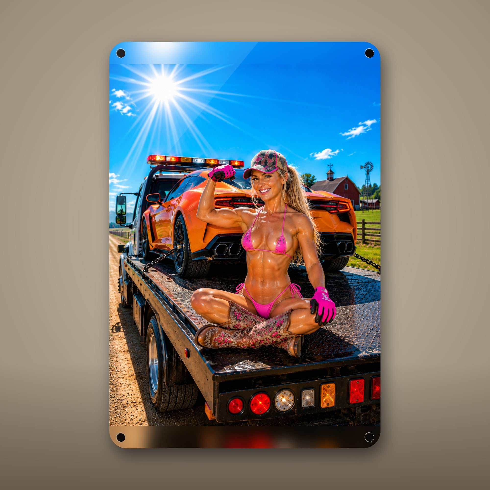 Flatbed rider beside a loaded sports coupe Metal Wall Art, Aluminum Sign, Retro Pinup Wall Decor, Vintage Pin-Up Gift — aluminum sign mockup