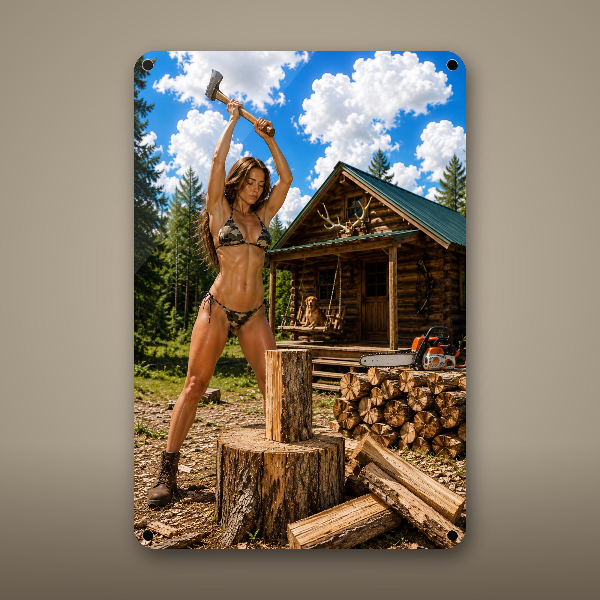 Woodcutter swinging a splitting maul Metal Wall Art, Aluminum Sign, Retro Pinup Wall Decor, Vintage Pin-Up Gift — aluminum sign mockup