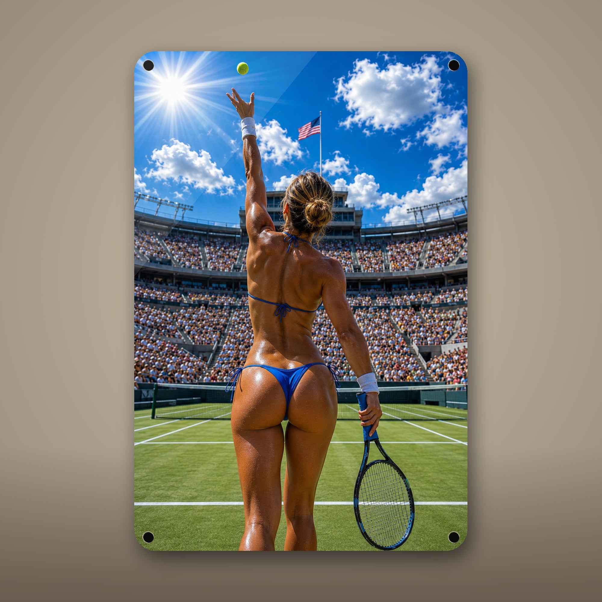 Tennis player serving before the crowd Metal Wall Art, Aluminum Sign, Retro Pinup Wall Decor, Vintage Pin-Up Gift — aluminum sign mockup