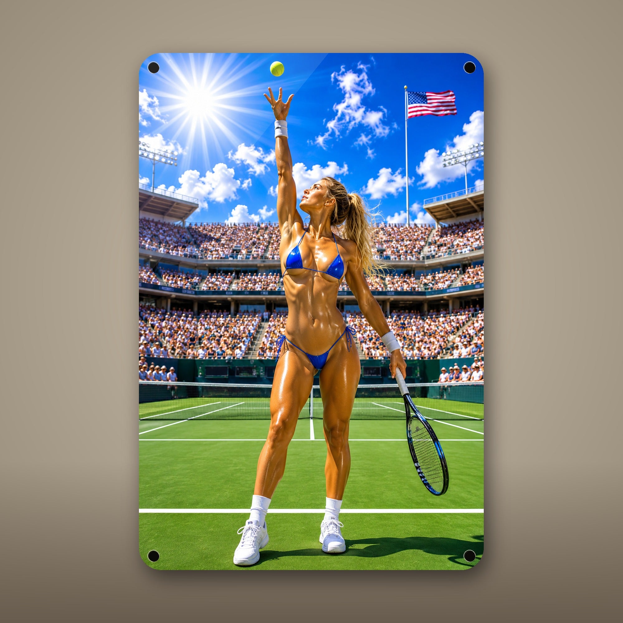 Tennis player serving front on Metal Wall Art, Aluminum Sign, Retro Pinup Wall Decor, Vintage Pin-Up Gift — aluminum sign mockup