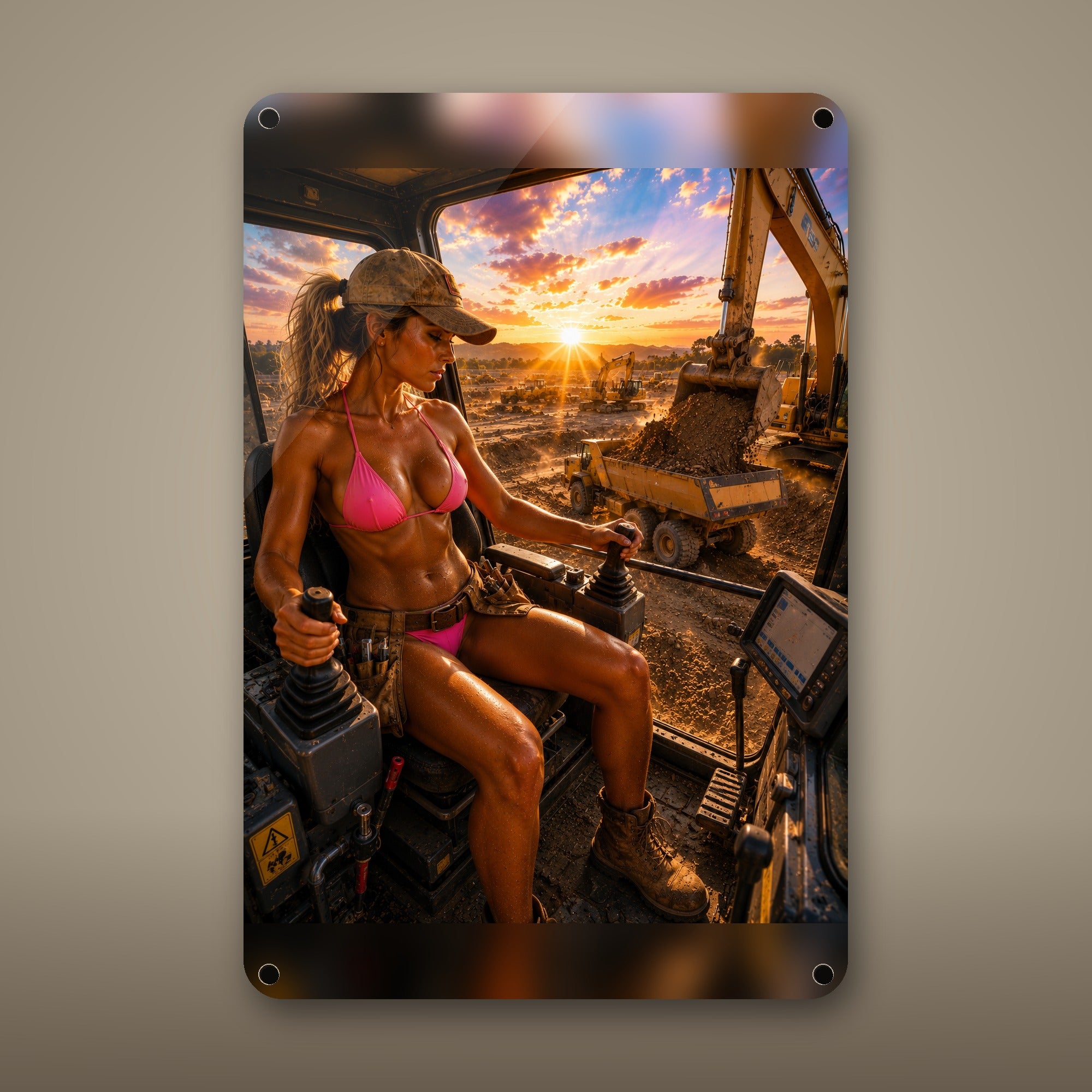 Excavator operator at a dirt sunset site Metal Wall Art, Aluminum Sign, Retro Pinup Wall Decor, Vintage Pin-Up Gift — aluminum sign mockup
