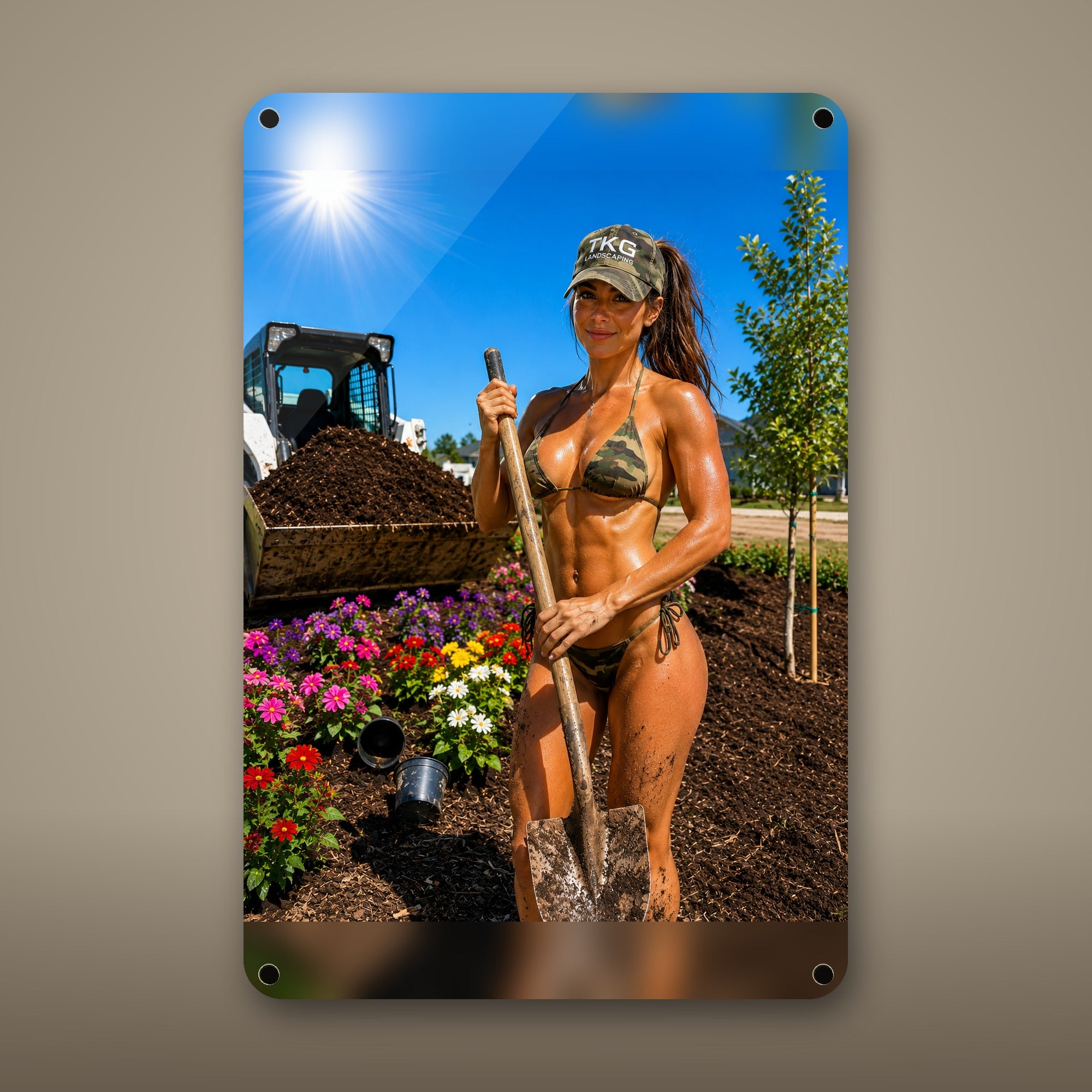 Landscaper planting flowers by the loader Metal Wall Art, Aluminum Sign, Retro Pinup Wall Decor, Vintage Pin-Up Gift — aluminum sign mockup