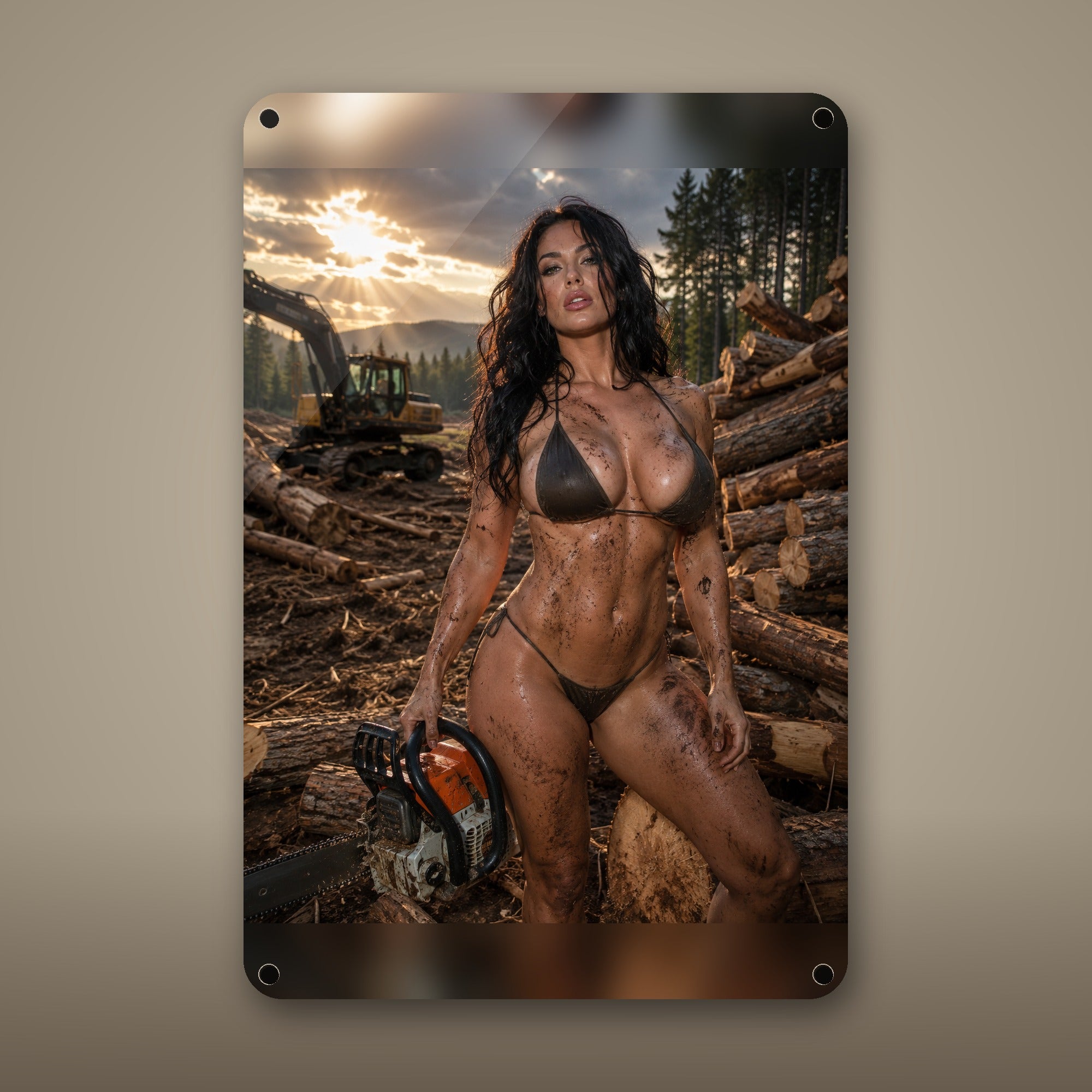 Chainsaw worker at the dusk logging site Metal Wall Art, Aluminum Sign, Retro Pinup Wall Decor, Vintage Pin-Up Gift — aluminum sign mockup