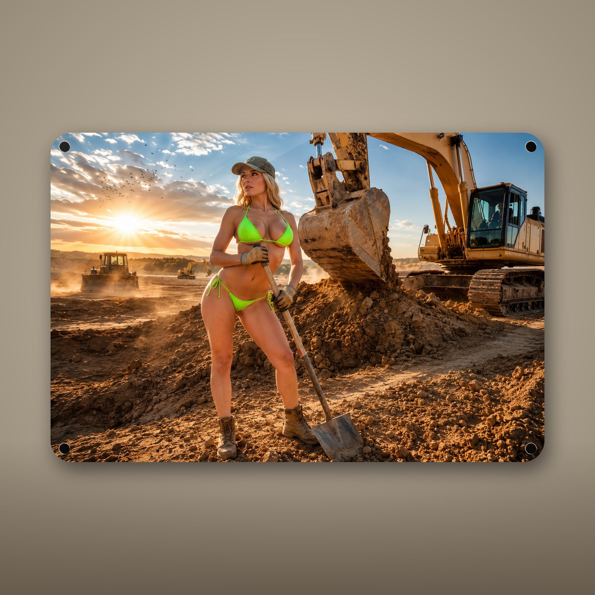 Shovel worker before the excavator bucket Metal Wall Art, Aluminum Sign, Retro Pinup Wall Decor, Vintage Pin-Up Gift — aluminum sign mockup