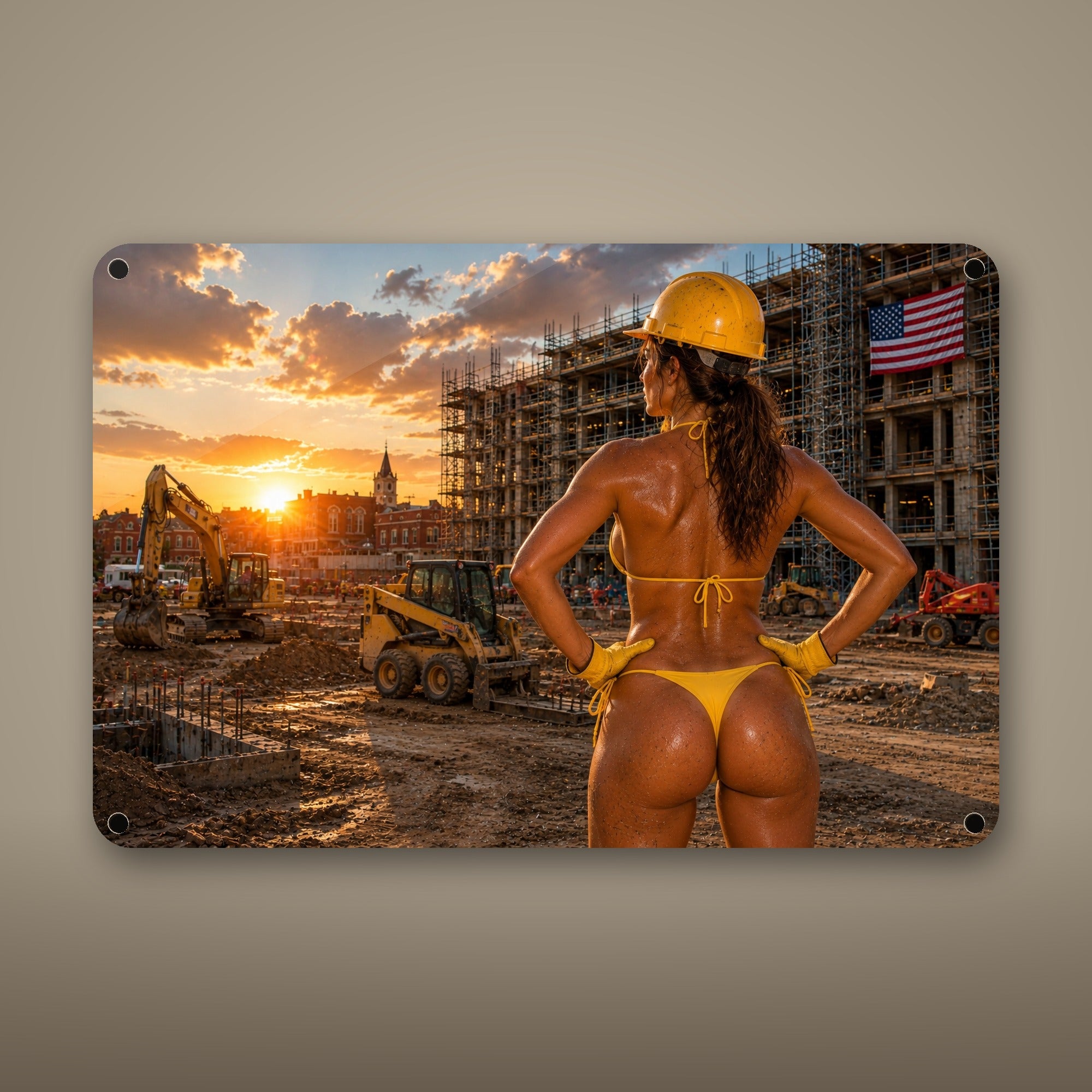 Hard hat worker at a high-rise scaffold site Metal Wall Art, Aluminum Sign, Retro Pinup Wall Decor, Vintage Pin-Up Gift — aluminum sign mockup