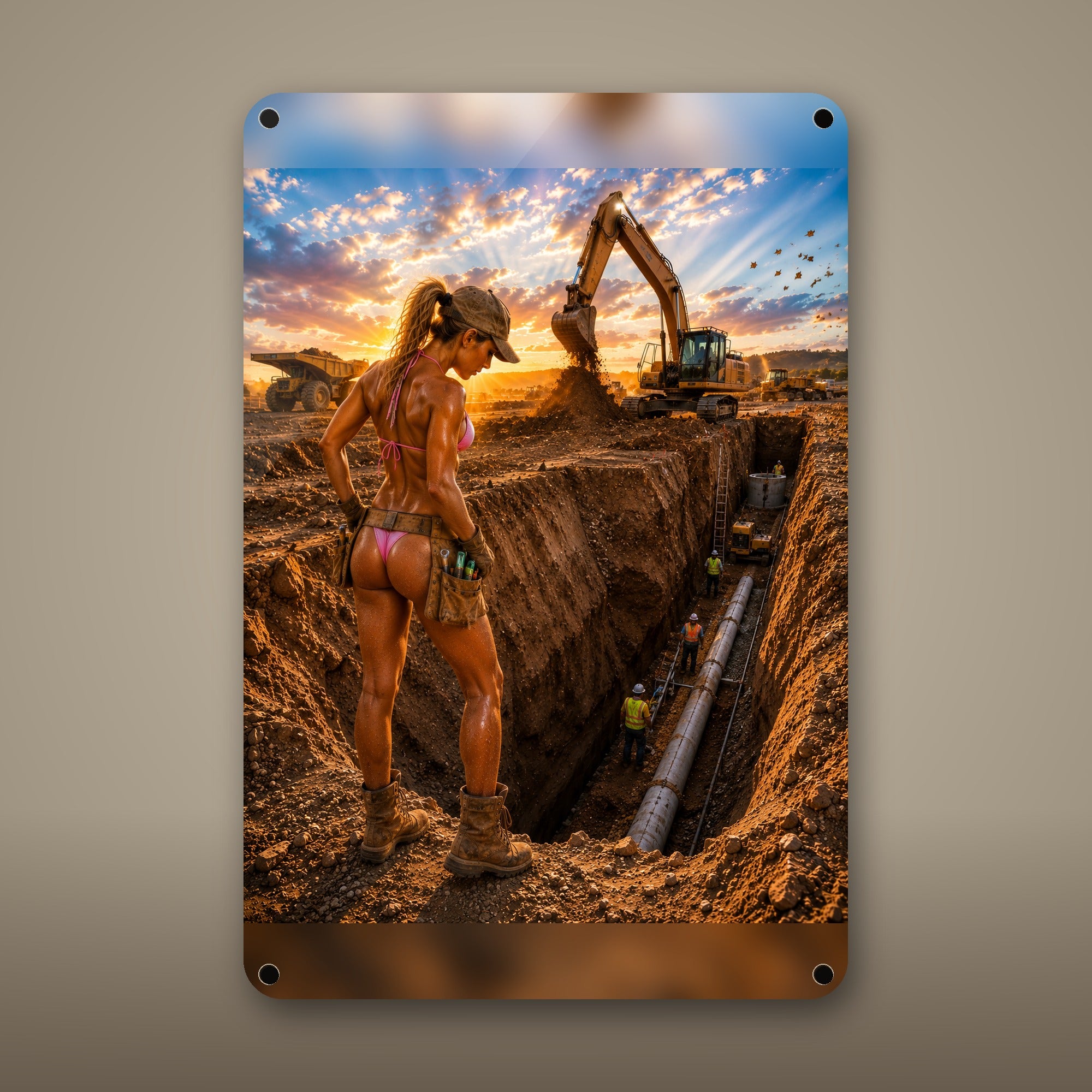 Tool-belt worker over a utility trench Metal Wall Art, Aluminum Sign, Retro Pinup Wall Decor, Vintage Pin-Up Gift — aluminum sign mockup