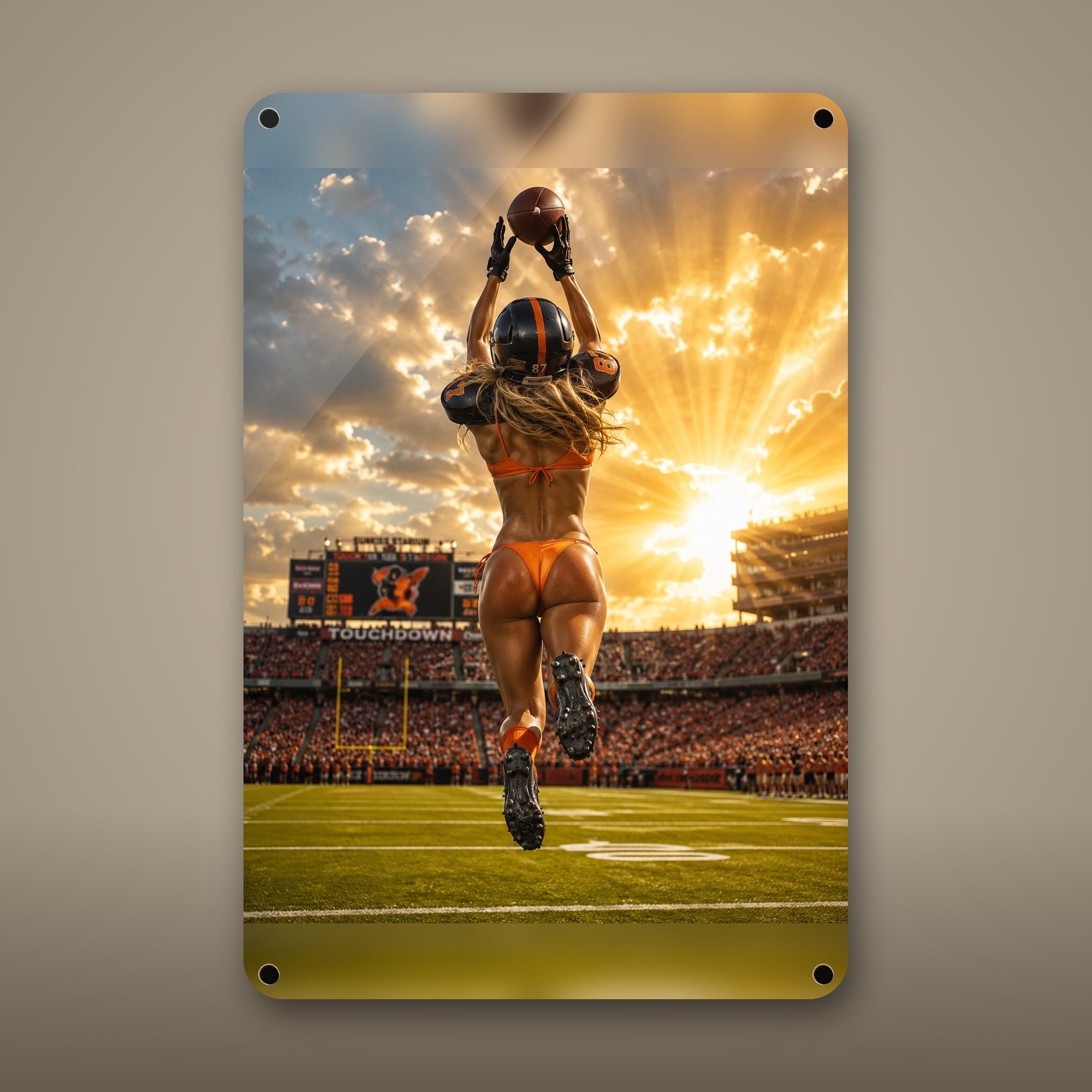 Receiver leaping for the catch at sunset Metal Wall Art, Aluminum Sign, Retro Pinup Wall Decor, Vintage Pin-Up Gift — aluminum sign mockup