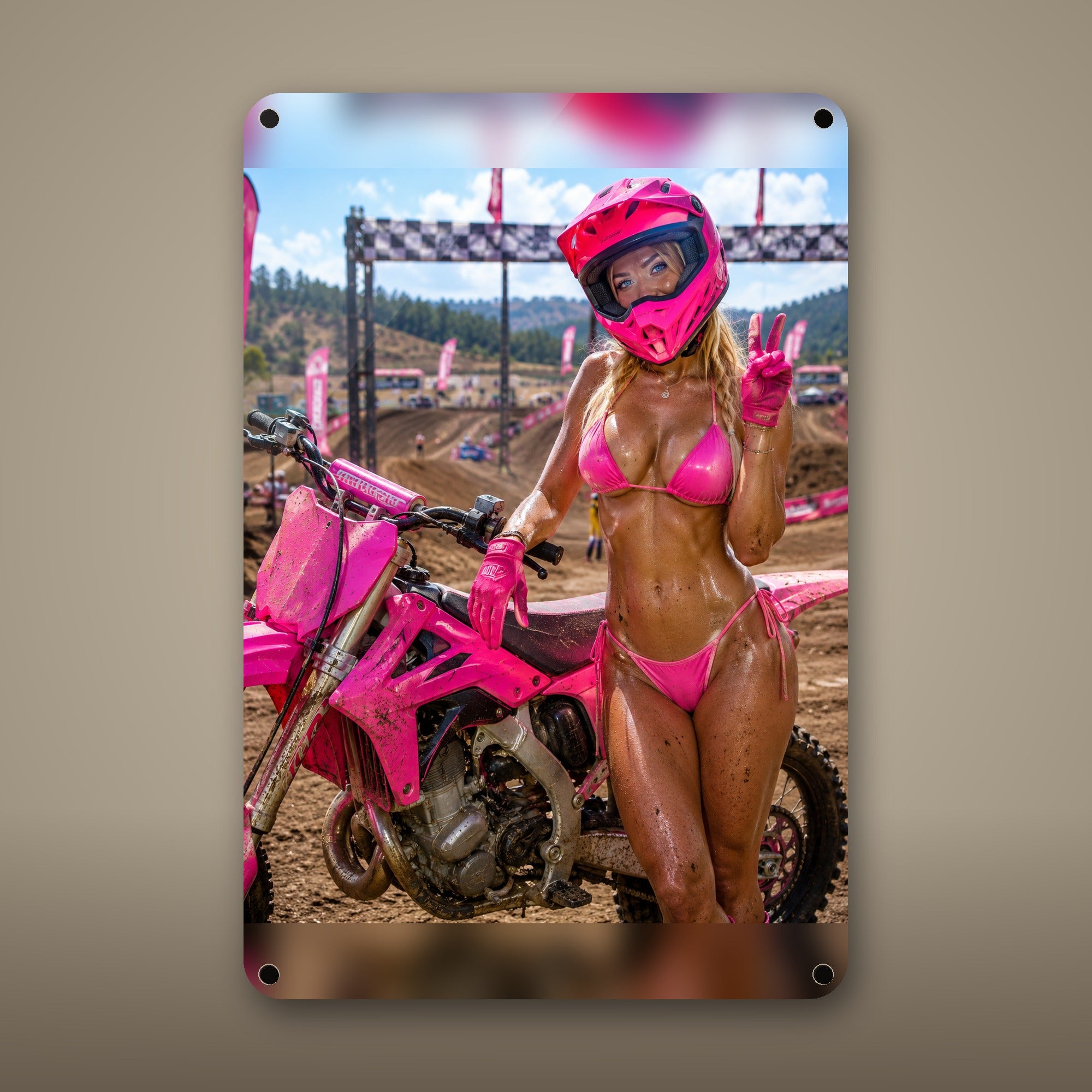 Rider giving a peace sign at the track Metal Wall Art, Aluminum Sign, Retro Pinup Wall Decor, Vintage Pin-Up Gift — aluminum sign mockup