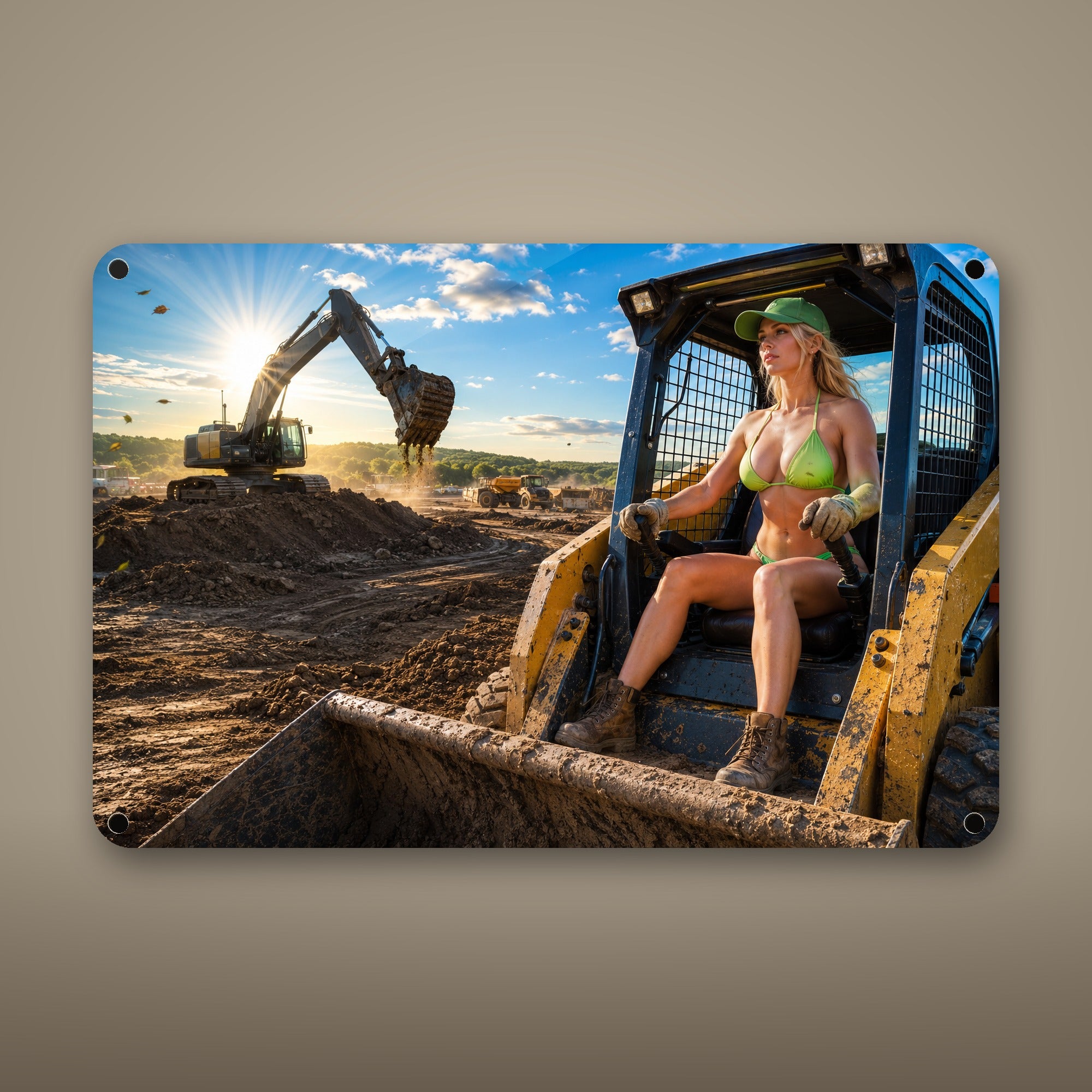 Skid-steer operator at the build site Metal Wall Art, Aluminum Sign, Retro Pinup Wall Decor, Vintage Pin-Up Gift — aluminum sign mockup