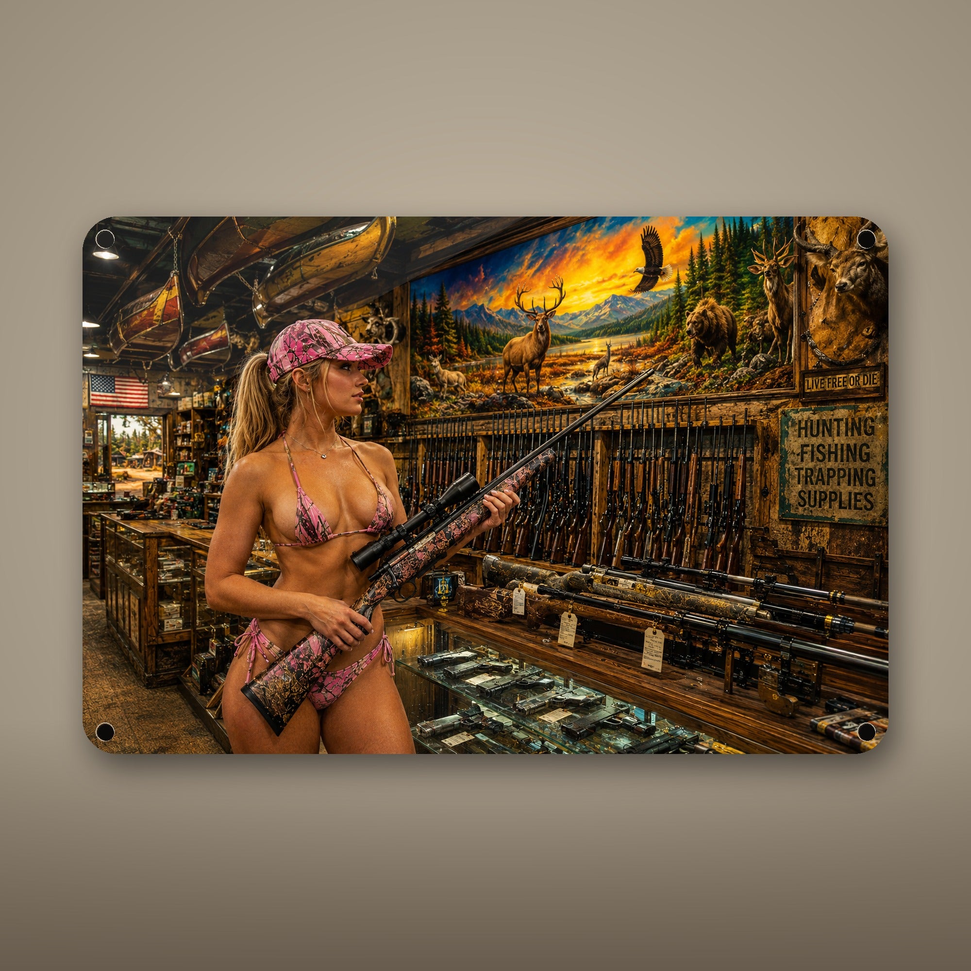 Shopper at the hunting supply counter Metal Wall Art, Aluminum Sign, Retro Pinup Wall Decor, Vintage Pin-Up Gift — aluminum sign mockup