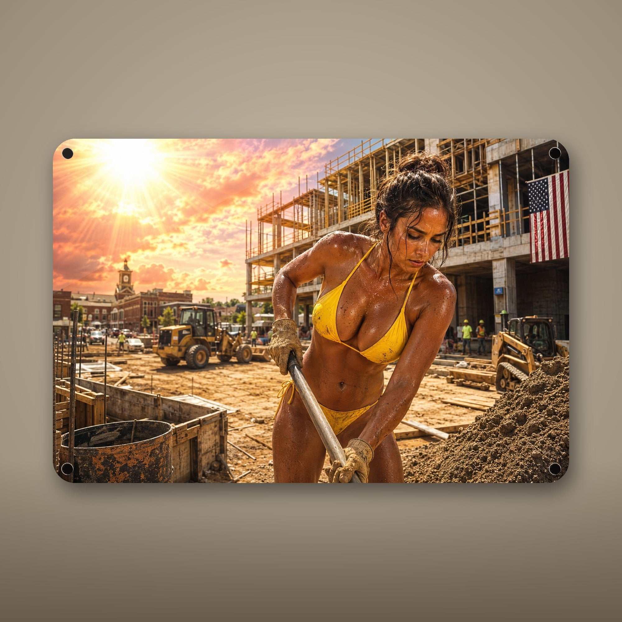 Shovel worker at a downtown build site Metal Wall Art, Aluminum Sign, Retro Pinup Wall Decor, Vintage Pin-Up Gift — aluminum sign mockup