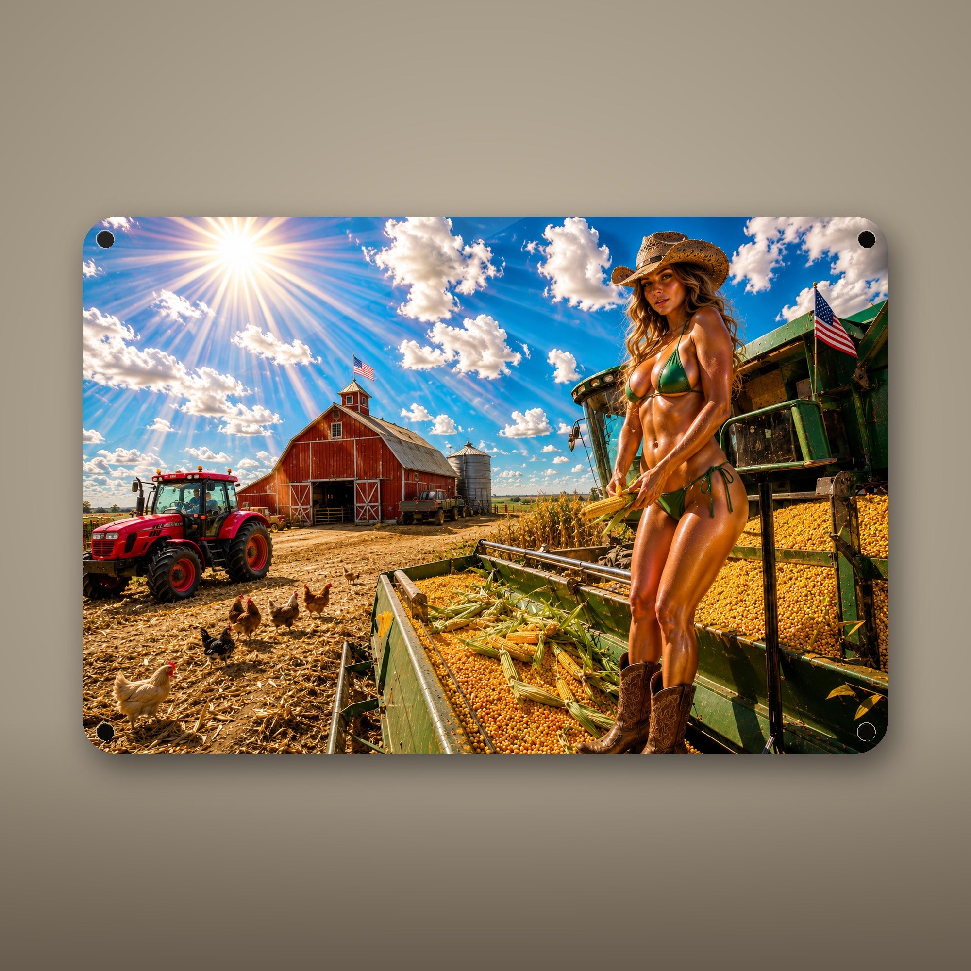 Cowgirl riding the corn harvester Metal Wall Art, Aluminum Sign, Retro Pinup Wall Decor, Vintage Pin-Up Gift — aluminum sign mockup