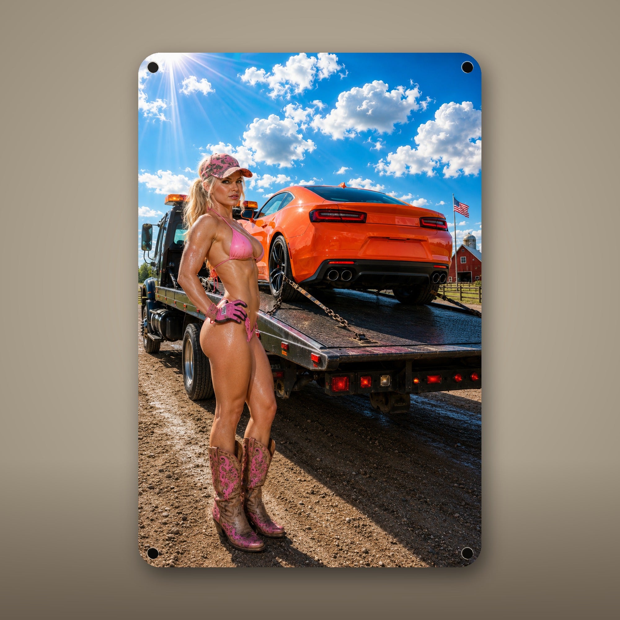 Flatbed rider with a classic sports coupe Metal Wall Art, Aluminum Sign, Retro Pinup Wall Decor, Vintage Pin-Up Gift — aluminum sign mockup