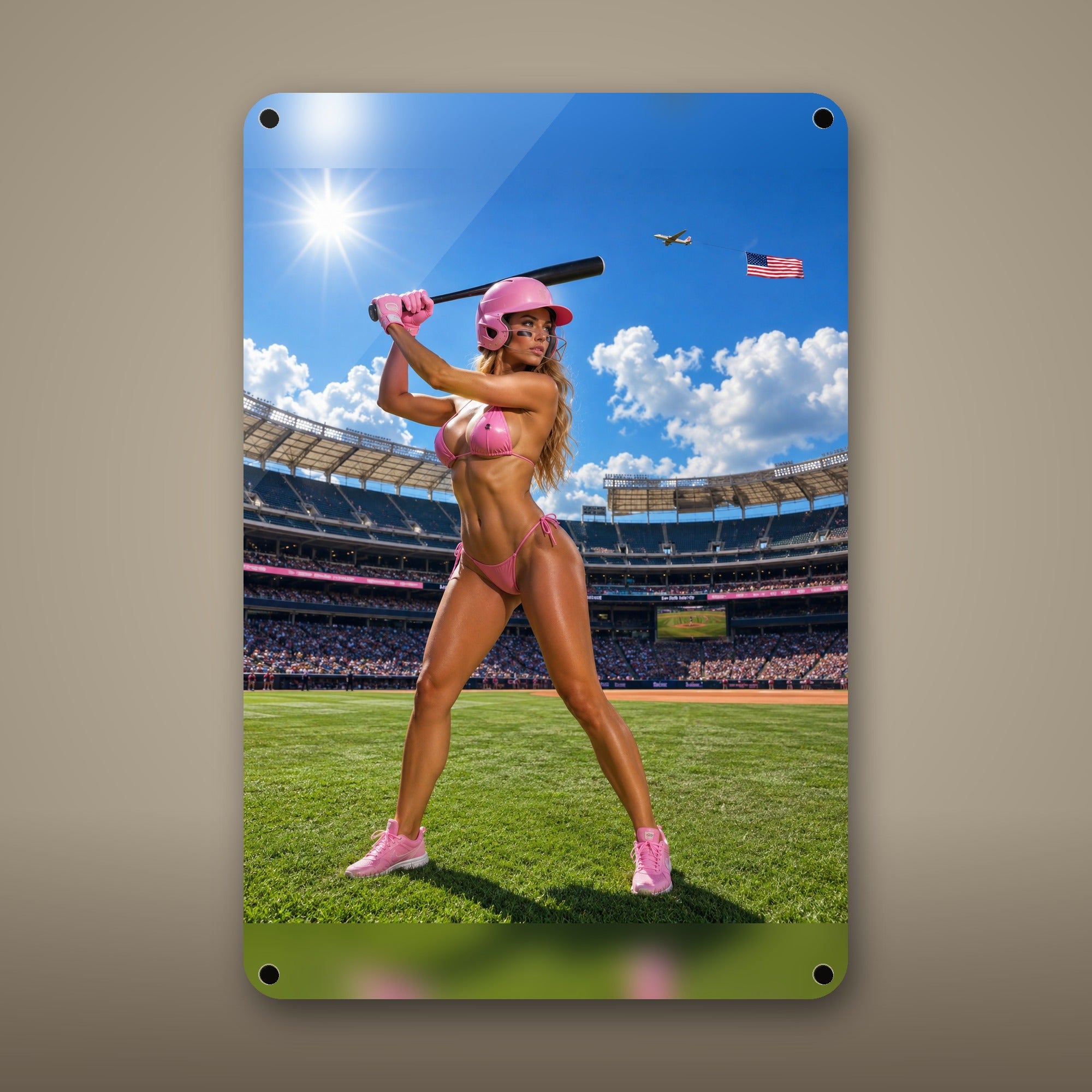 Batter gripping the bat at home plate, flag overhead Metal Wall Art, Aluminum Sign, Retro Pinup Wall Decor, Vintage Pin-Up Gift — aluminum sign mockup