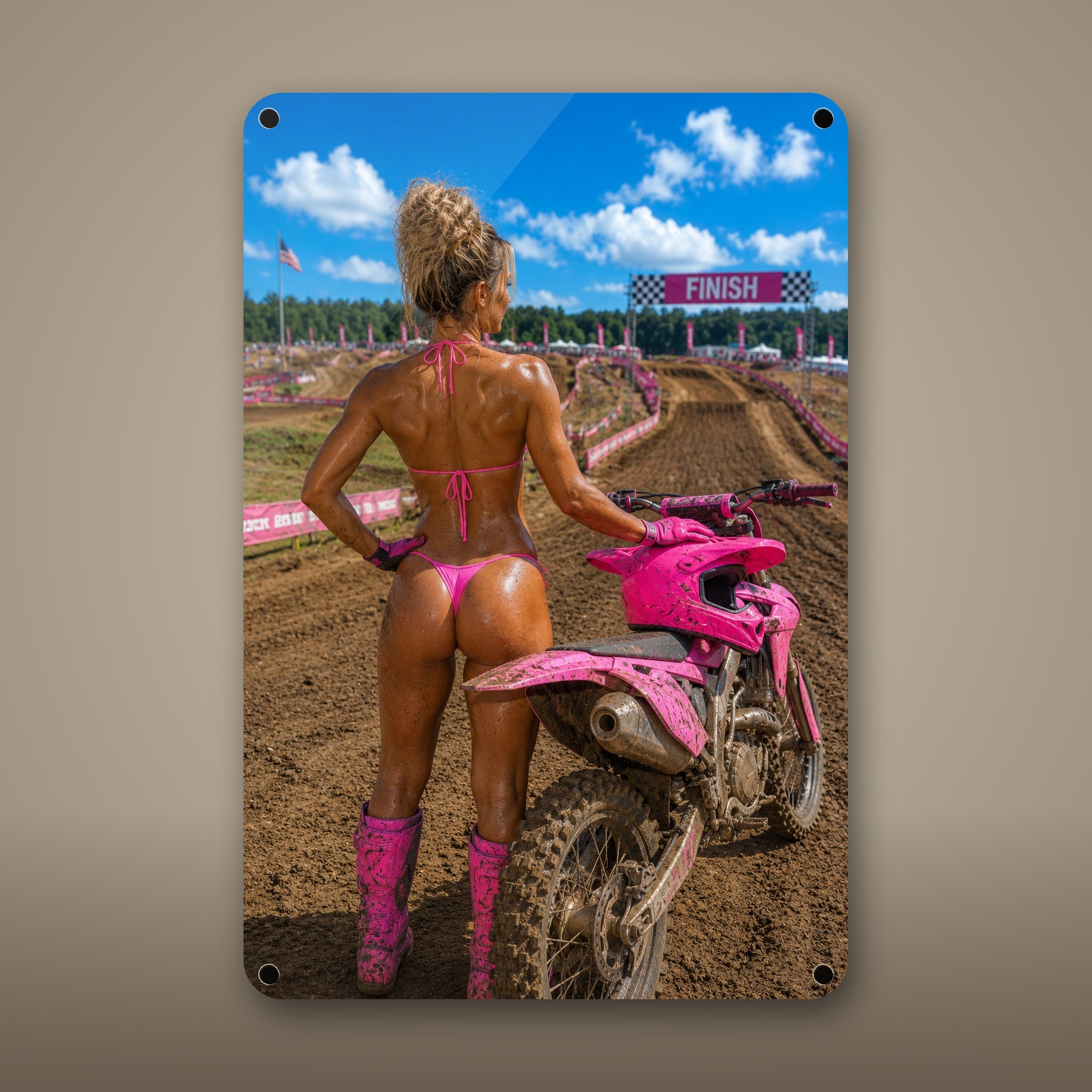 Rider posing at the finish line banner Metal Wall Art, Aluminum Sign, Retro Pinup Wall Decor, Vintage Pin-Up Gift — aluminum sign mockup