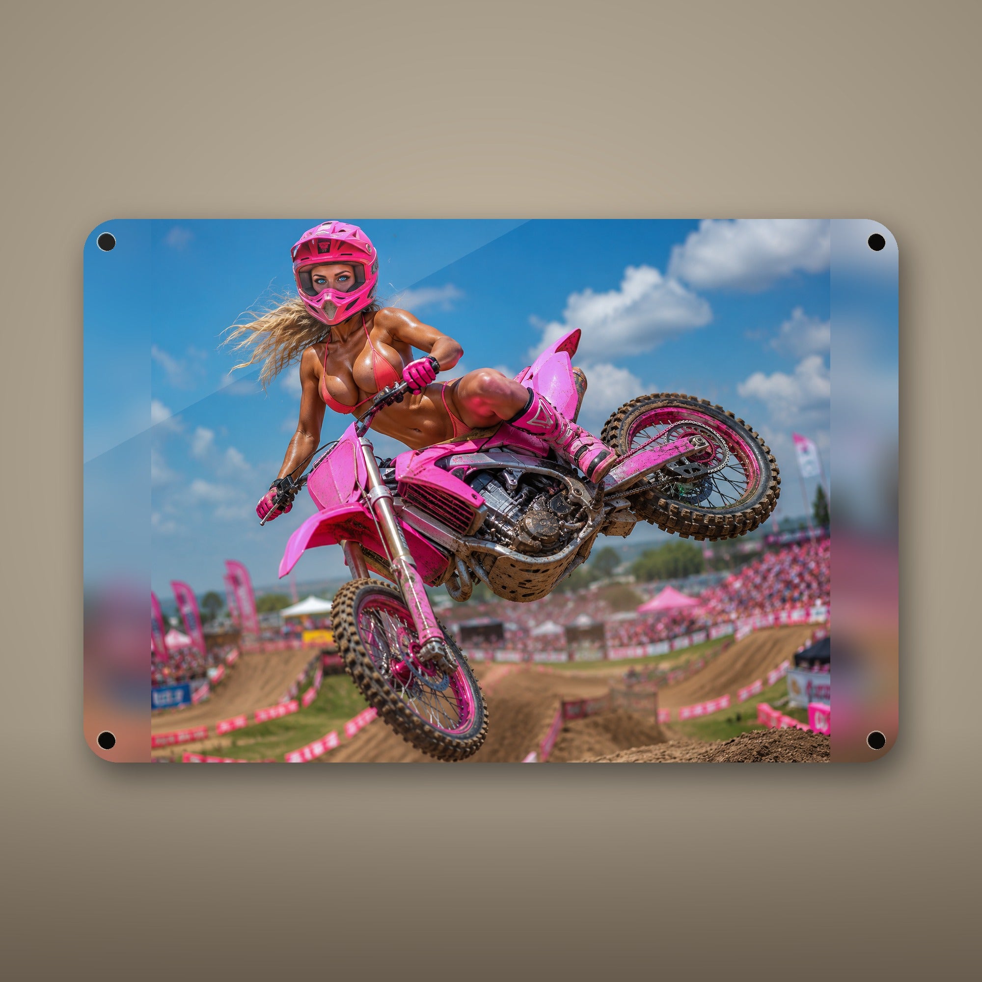 Rider airborne off a dirt track jump Metal Wall Art, Aluminum Sign, Retro Pinup Wall Decor, Vintage Pin-Up Gift — aluminum sign mockup