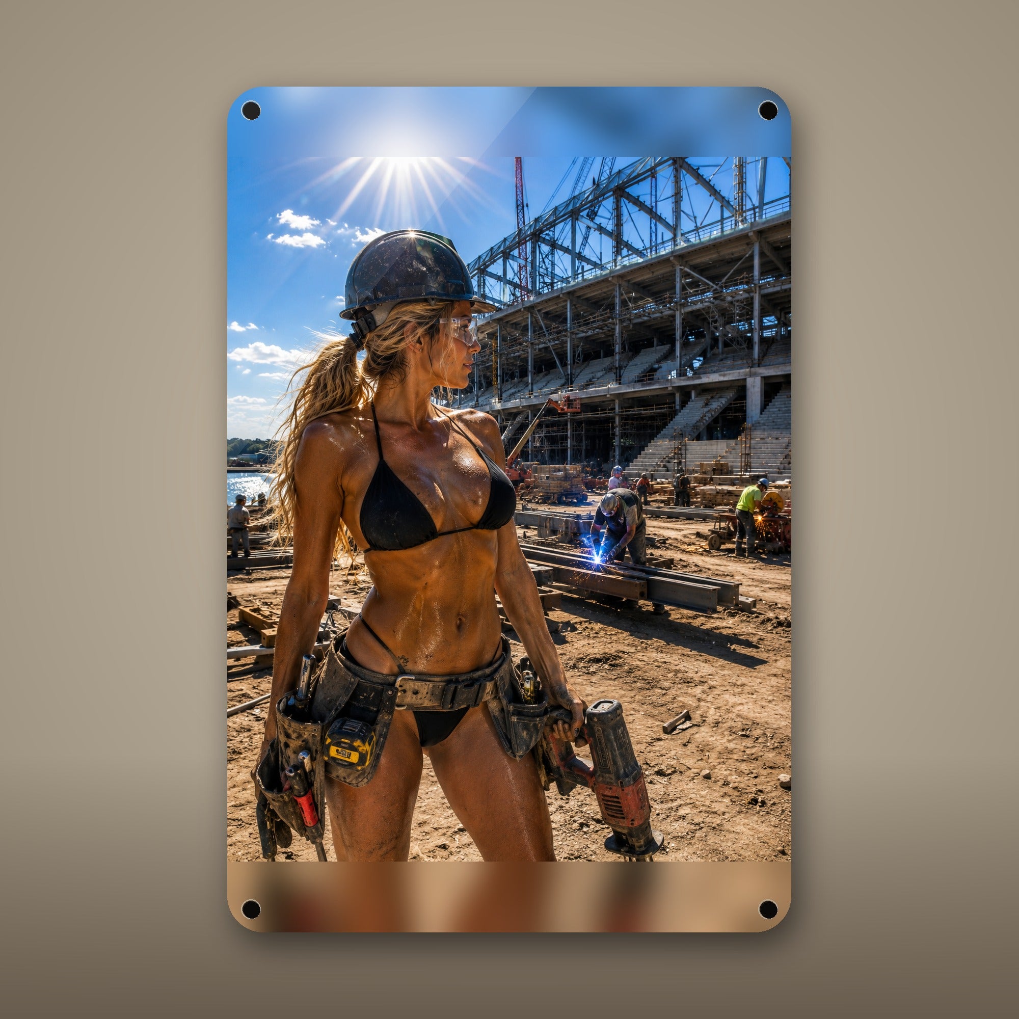 Tool-belt worker at a stadium build site Metal Wall Art, Aluminum Sign, Retro Pinup Wall Decor, Vintage Pin-Up Gift — aluminum sign mockup