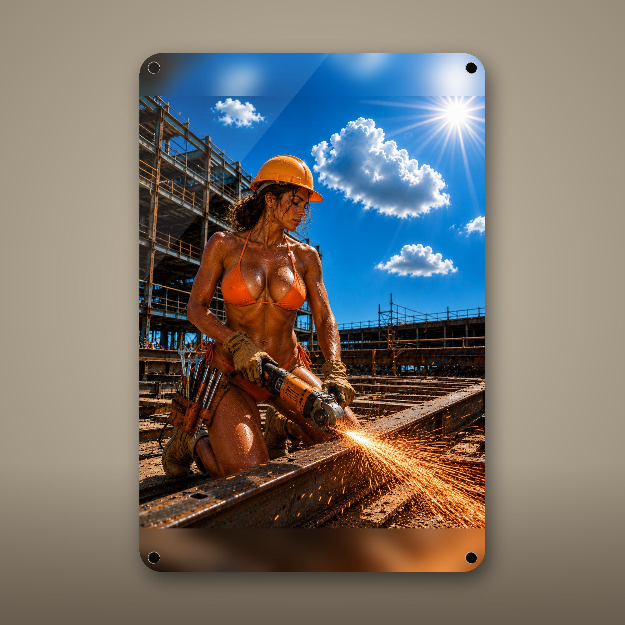 Worker grinding a steel beam in sparks Metal Wall Art, Aluminum Sign, Retro Pinup Wall Decor, Vintage Pin-Up Gift — aluminum sign mockup