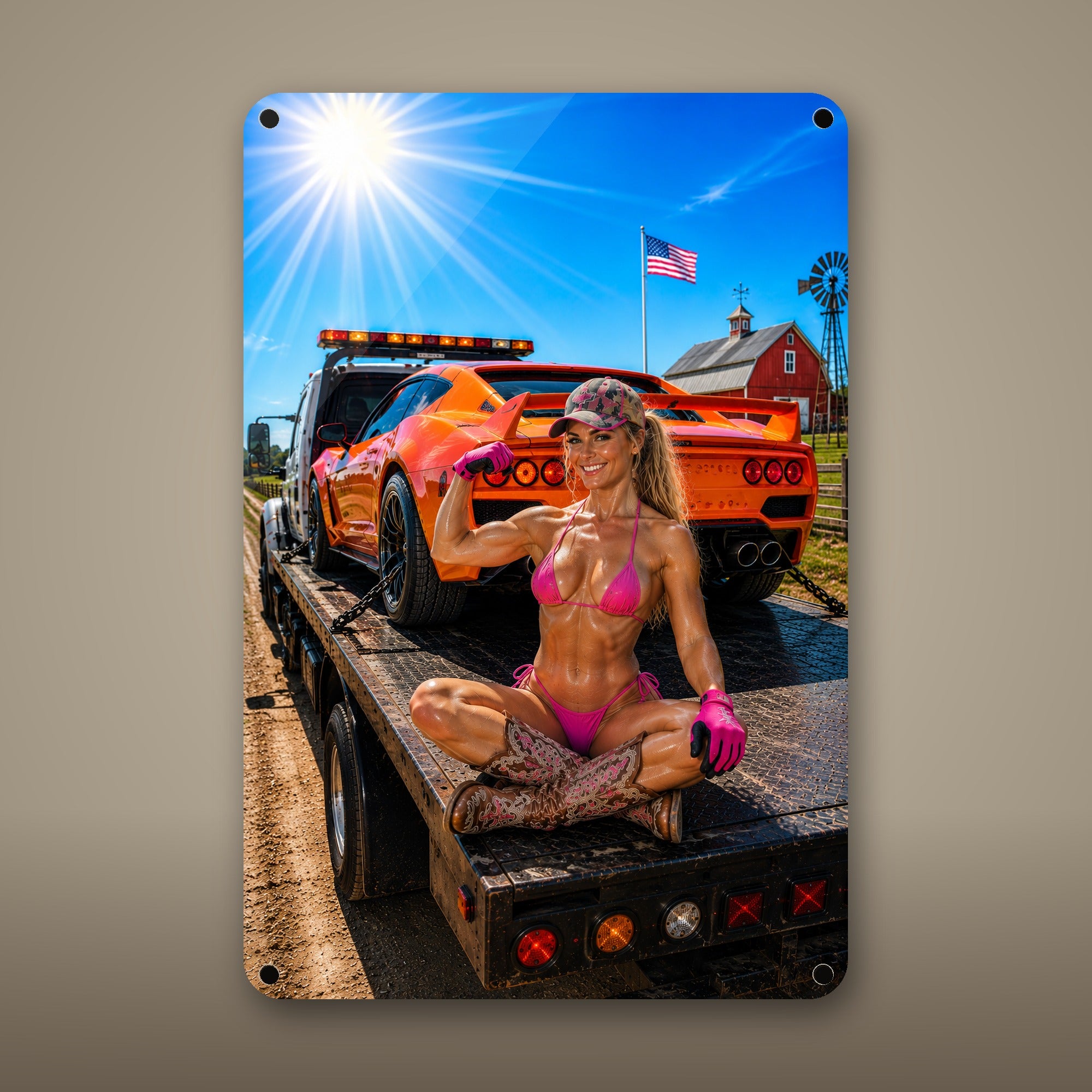 Flatbed rider flexing beside a sports car Metal Wall Art, Aluminum Sign, Retro Pinup Wall Decor, Vintage Pin-Up Gift — aluminum sign mockup