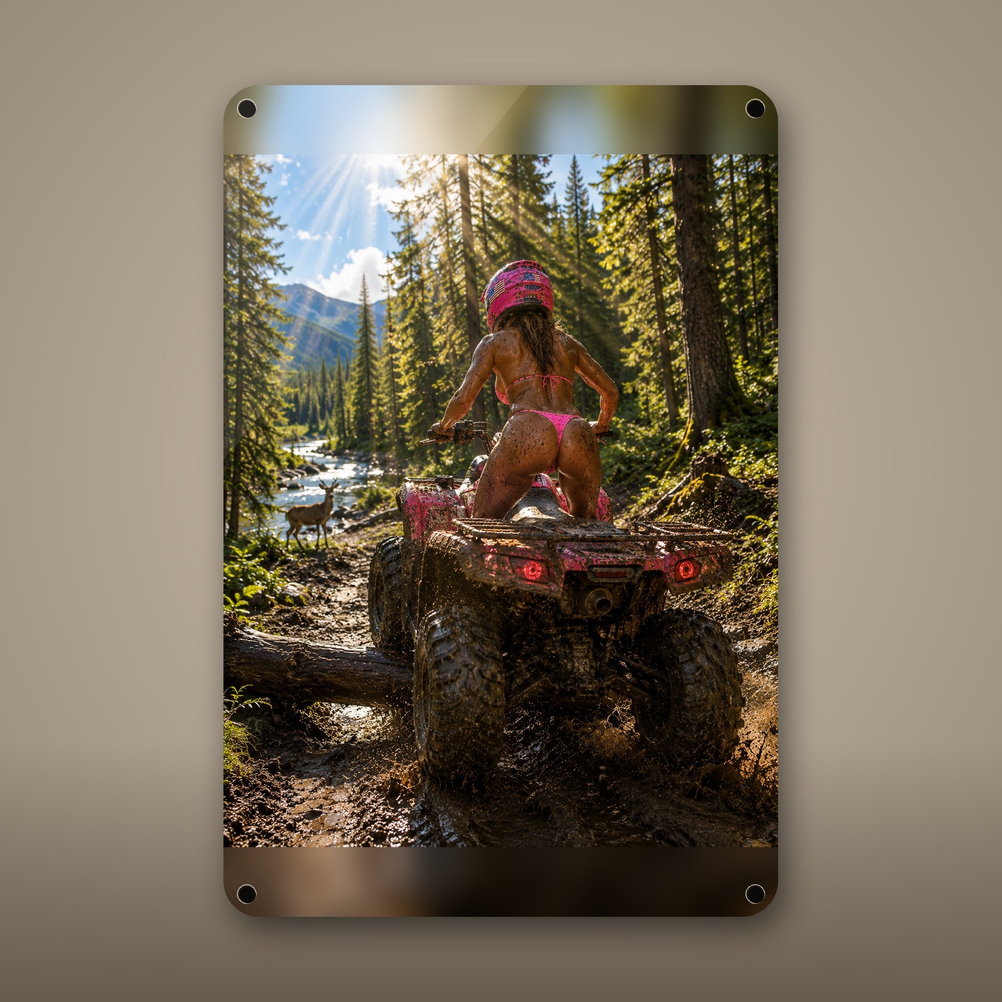 Muddy ATV rider crossing a forest stream Metal Wall Art, Aluminum Sign, Retro Pinup Wall Decor, Vintage Pin-Up Gift — aluminum sign mockup