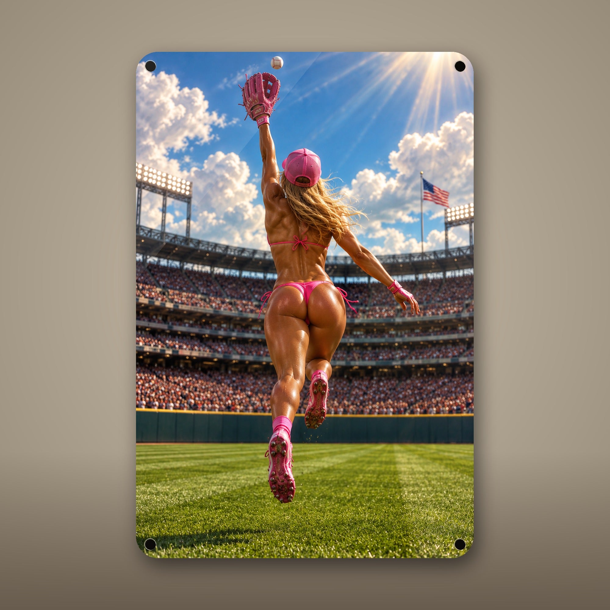 Outfielder leaping for a stadium catch Metal Wall Art, Aluminum Sign, Retro Pinup Wall Decor, Vintage Pin-Up Gift — aluminum sign mockup
