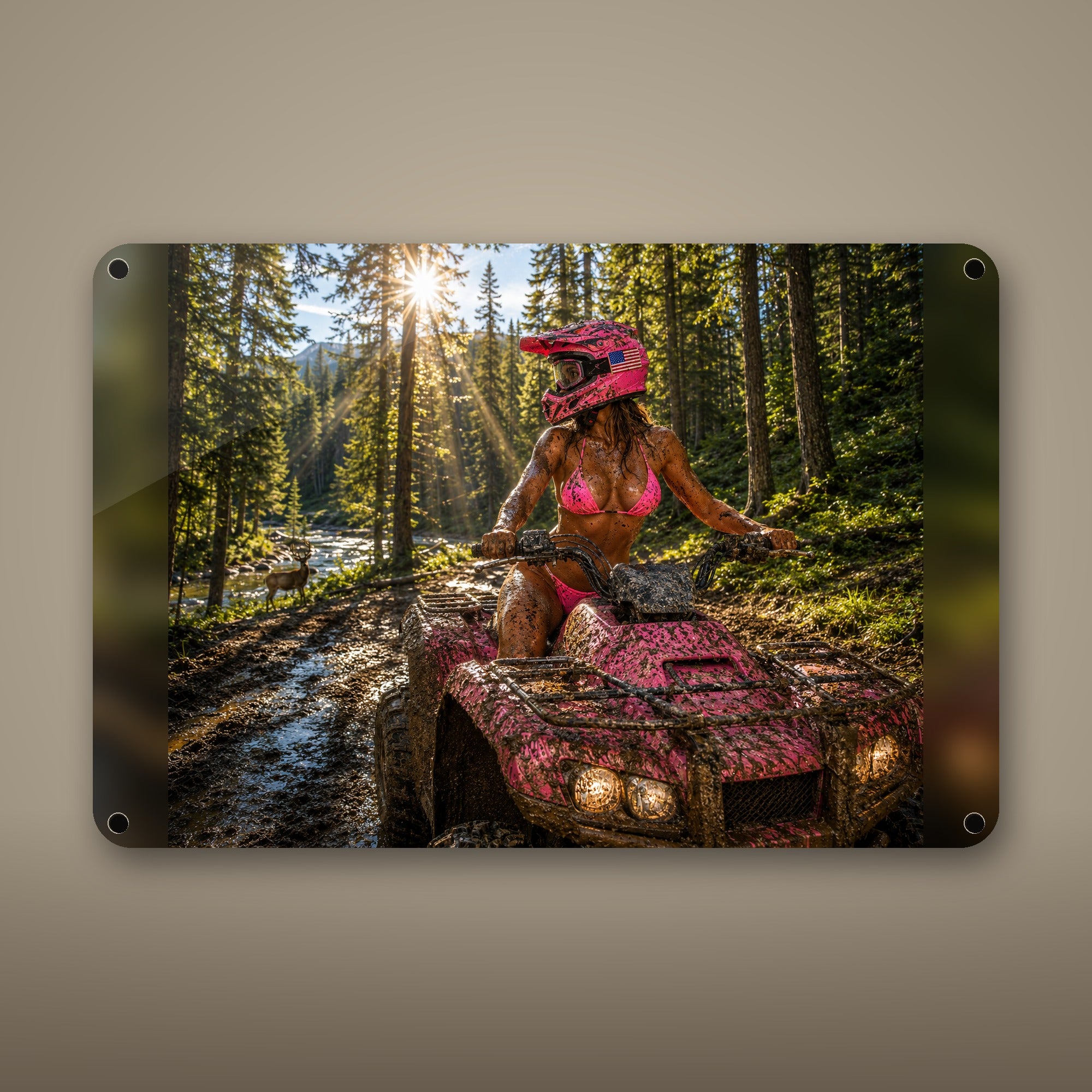Muddy ATV rider in the forest stream Metal Wall Art, Aluminum Sign, Retro Pinup Wall Decor, Vintage Pin-Up Gift — aluminum sign mockup