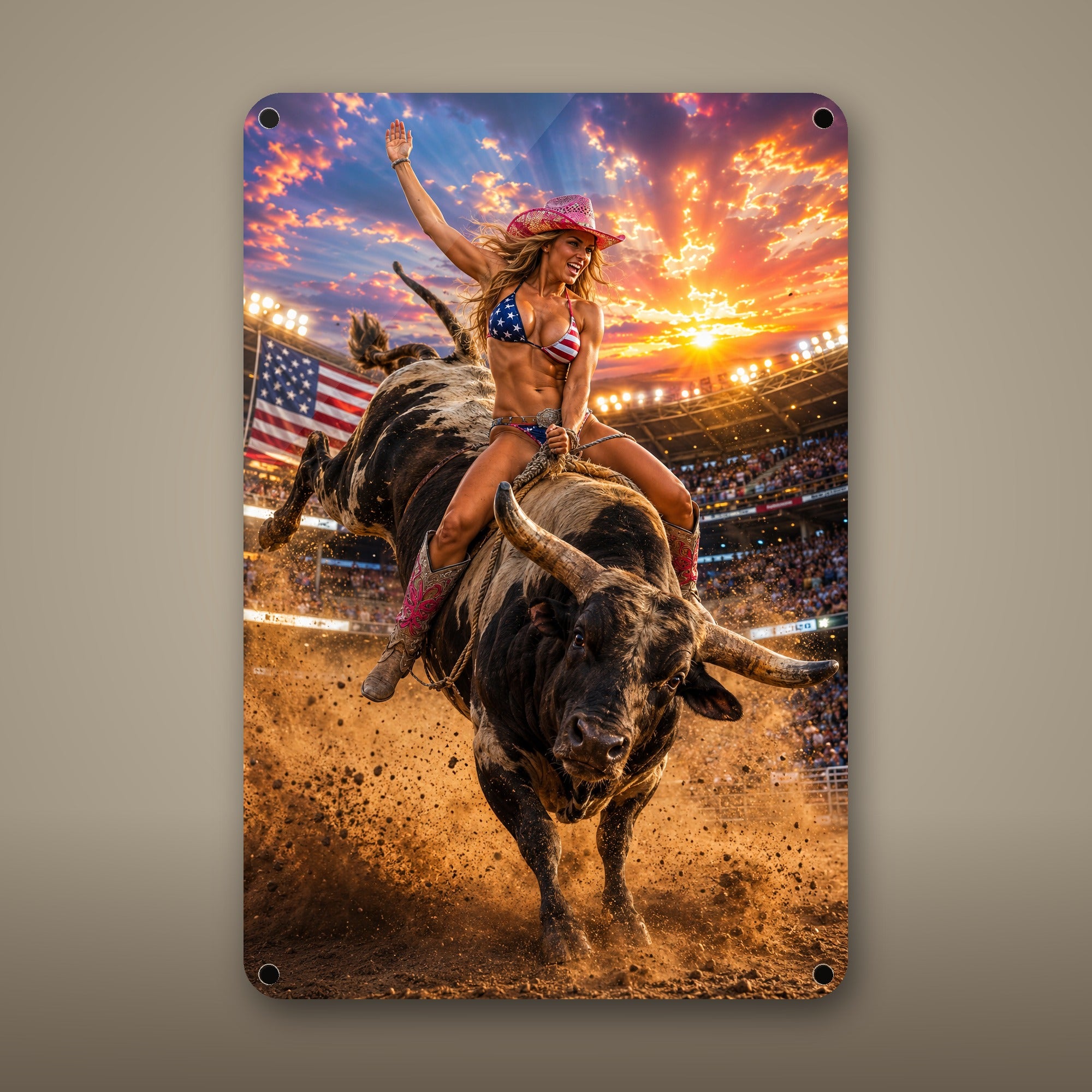 Cowgirl riding a bucking bull at the rodeo, flag bikini Metal Wall Art, Aluminum Sign, Retro Pinup Wall Decor, Vintage Pin-Up Gift — aluminum sign mockup
