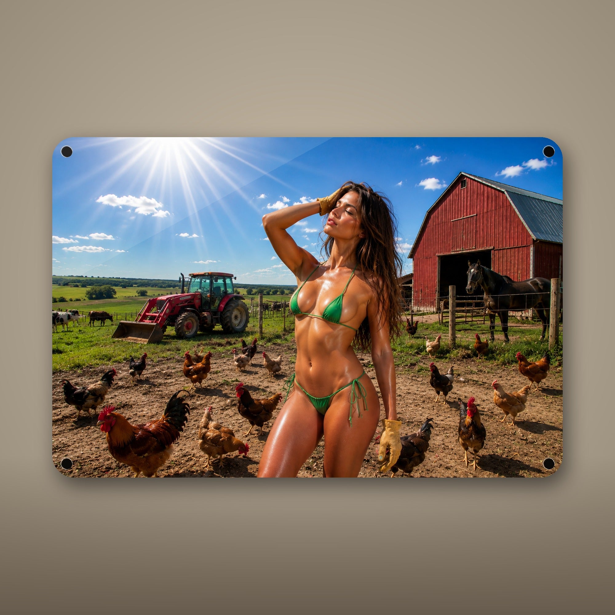 Farm girl in the barnyard among the chickens and horses Metal Wall Art, Aluminum Sign, Retro Pinup Wall Decor, Vintage Pin-Up Gift — aluminum sign mockup