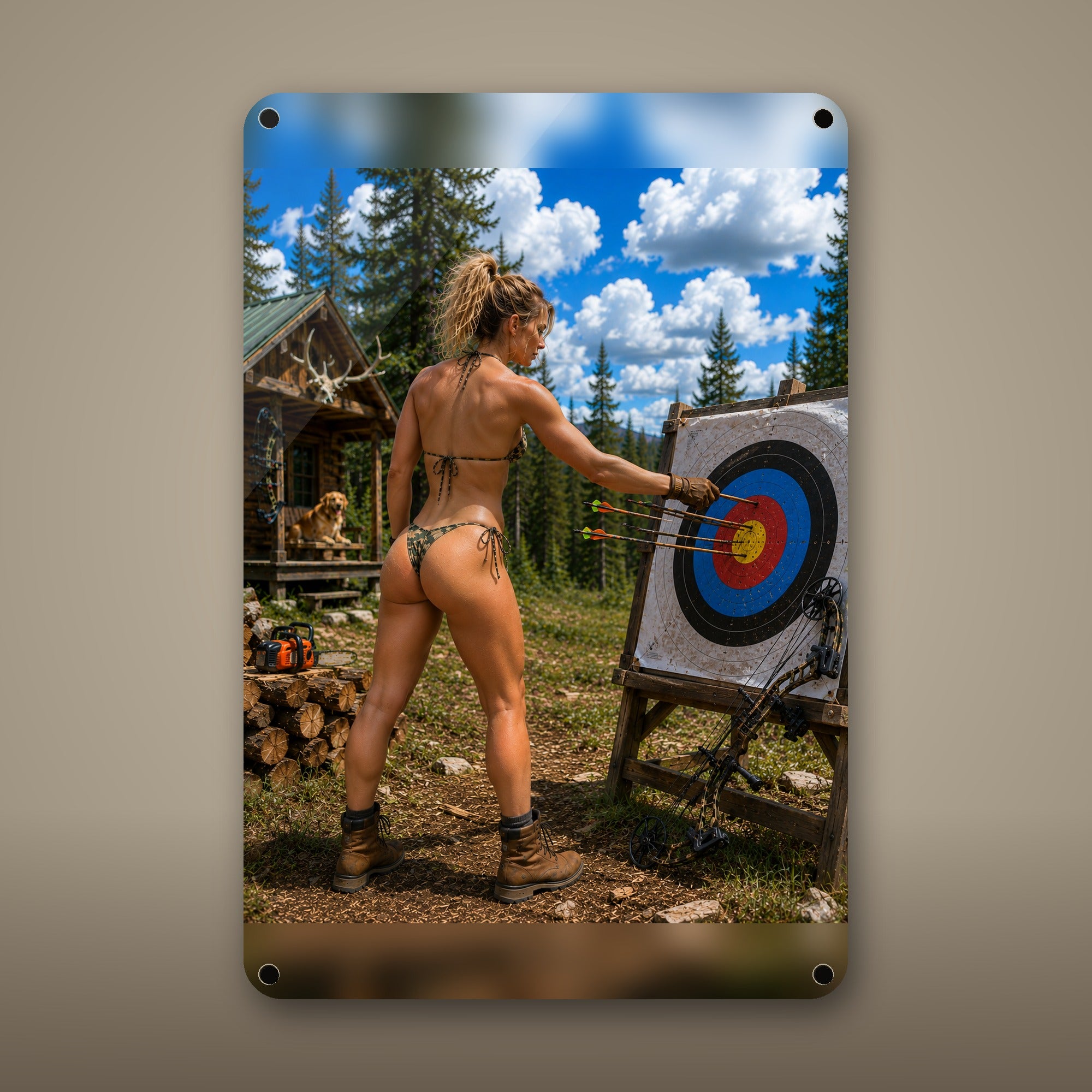 Archer at full draw by the cabin, dog on the porch Metal Wall Art, Aluminum Sign, Retro Pinup Wall Decor, Vintage Pin-Up Gift — aluminum sign mockup