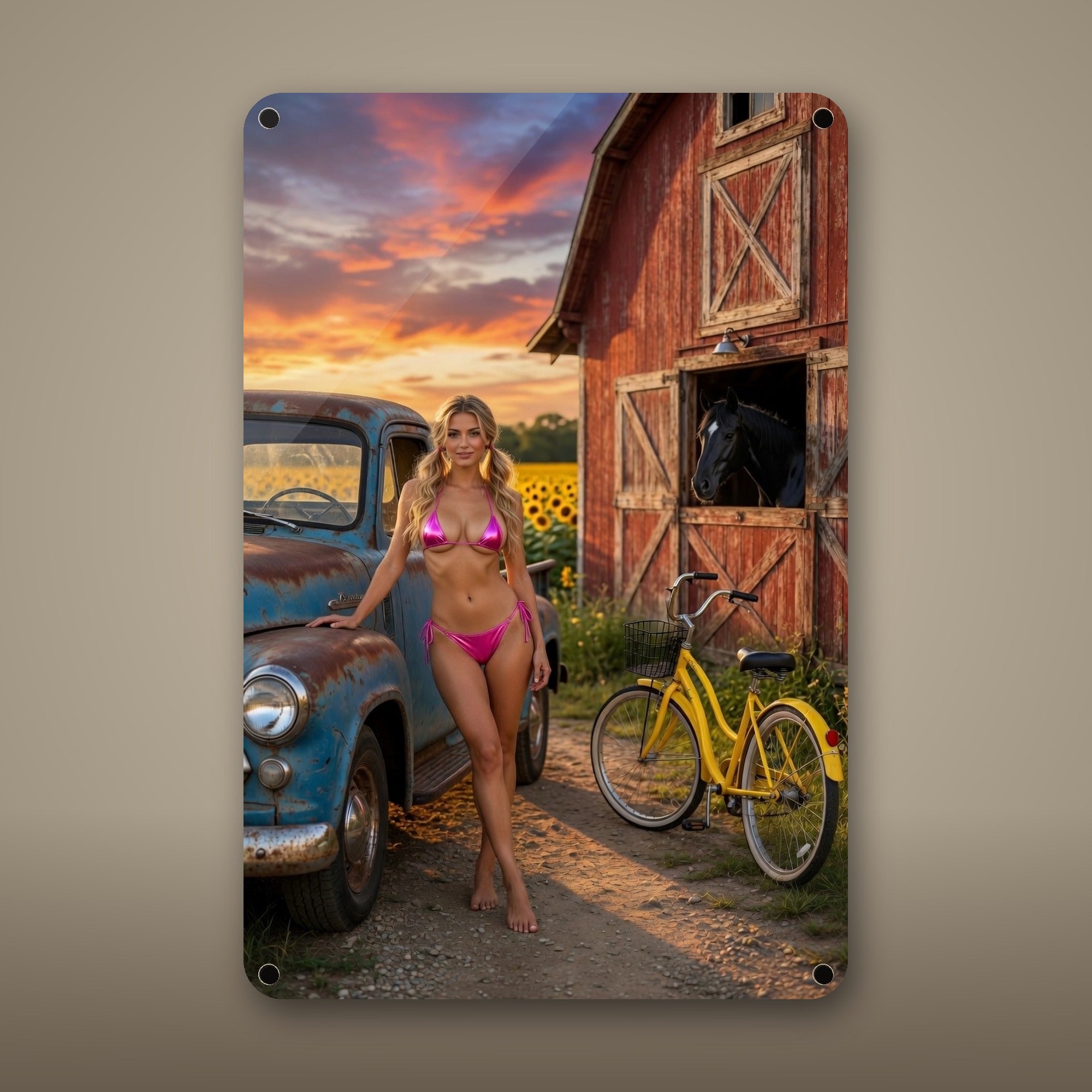 Farm girl beside a vintage pickup in the sunflower field Metal Wall Art, Aluminum Sign, Retro Pinup Wall Decor, Vintage Pin-Up Gift — aluminum sign mockup