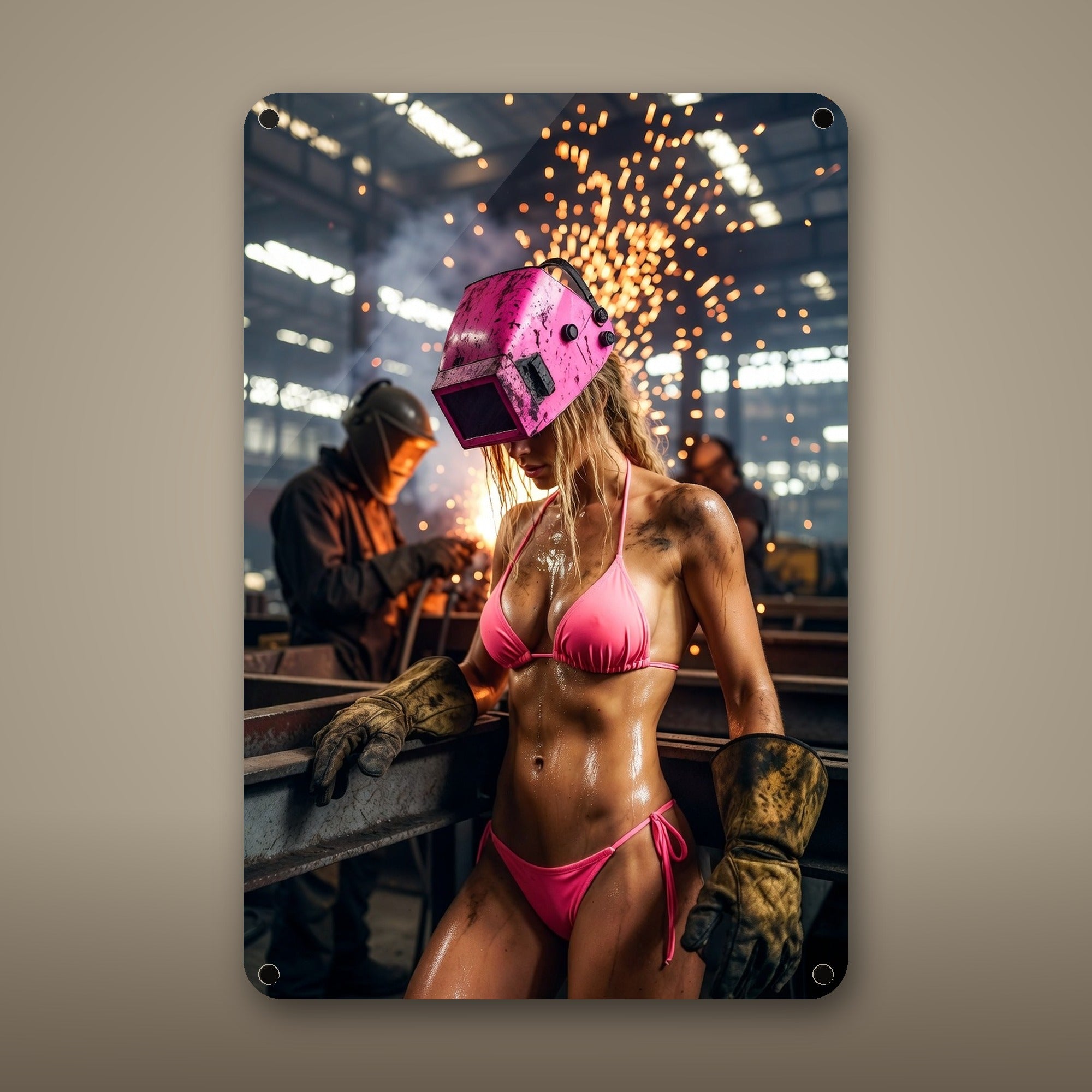Welder taking a break amid a shower of sparks Metal Wall Art, Aluminum Sign, Retro Pinup Wall Decor, Vintage Pin-Up Gift — aluminum sign mockup