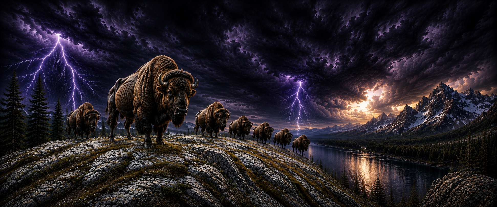Bison herd artwork with purple lightning, a mountain lake and snow-capped peaks