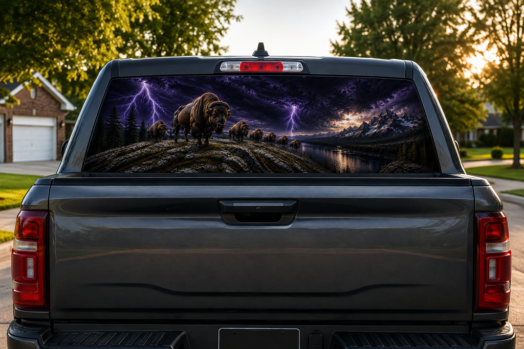 Perforated bison lightning storm decal installed on a pickup truck rear window