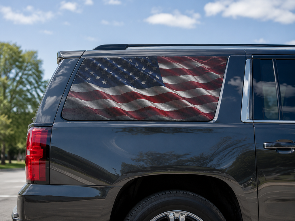 Close view of the flag perf on an SUV rear quarter window