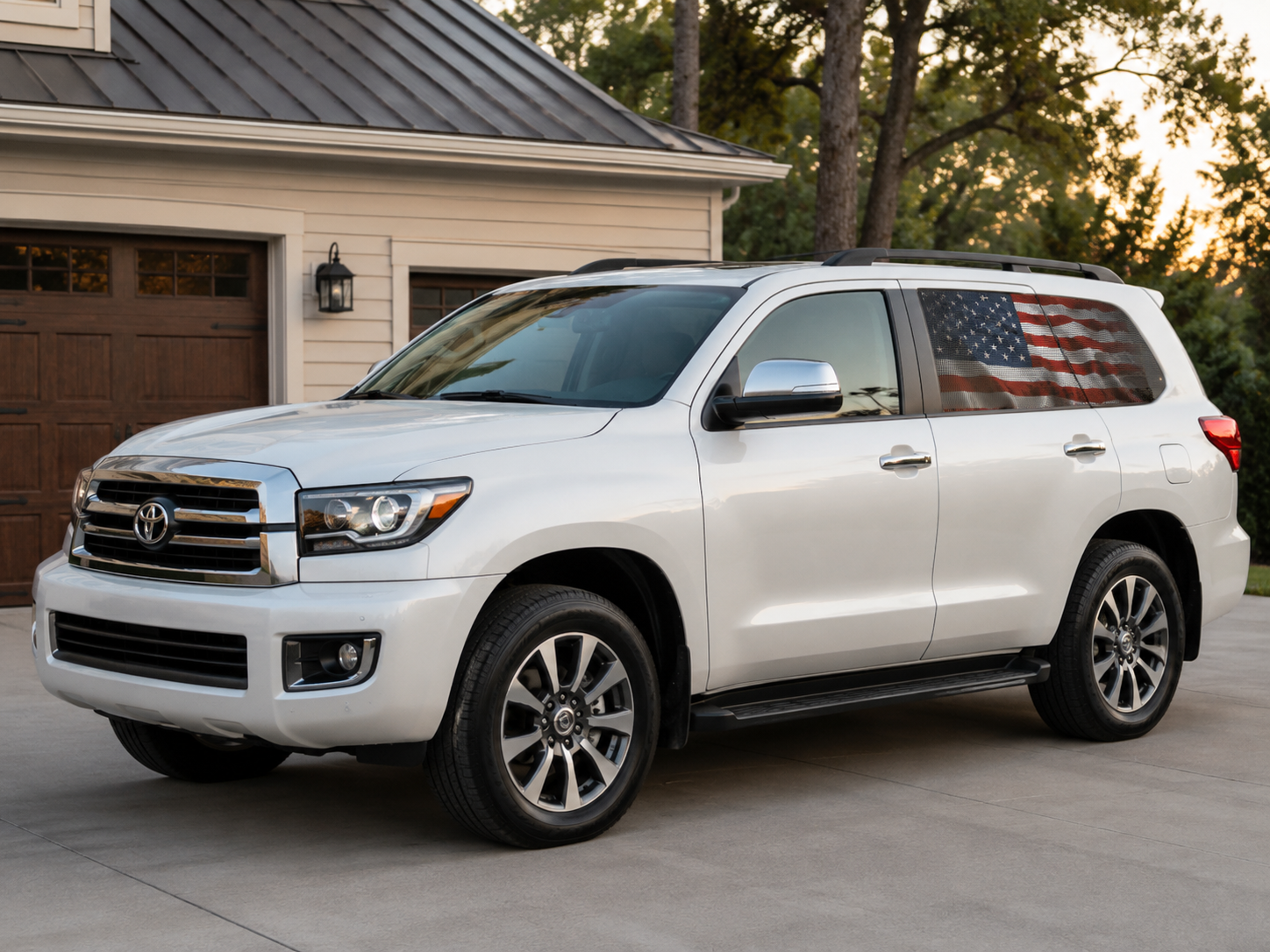 American flag side window decal on the vehicle